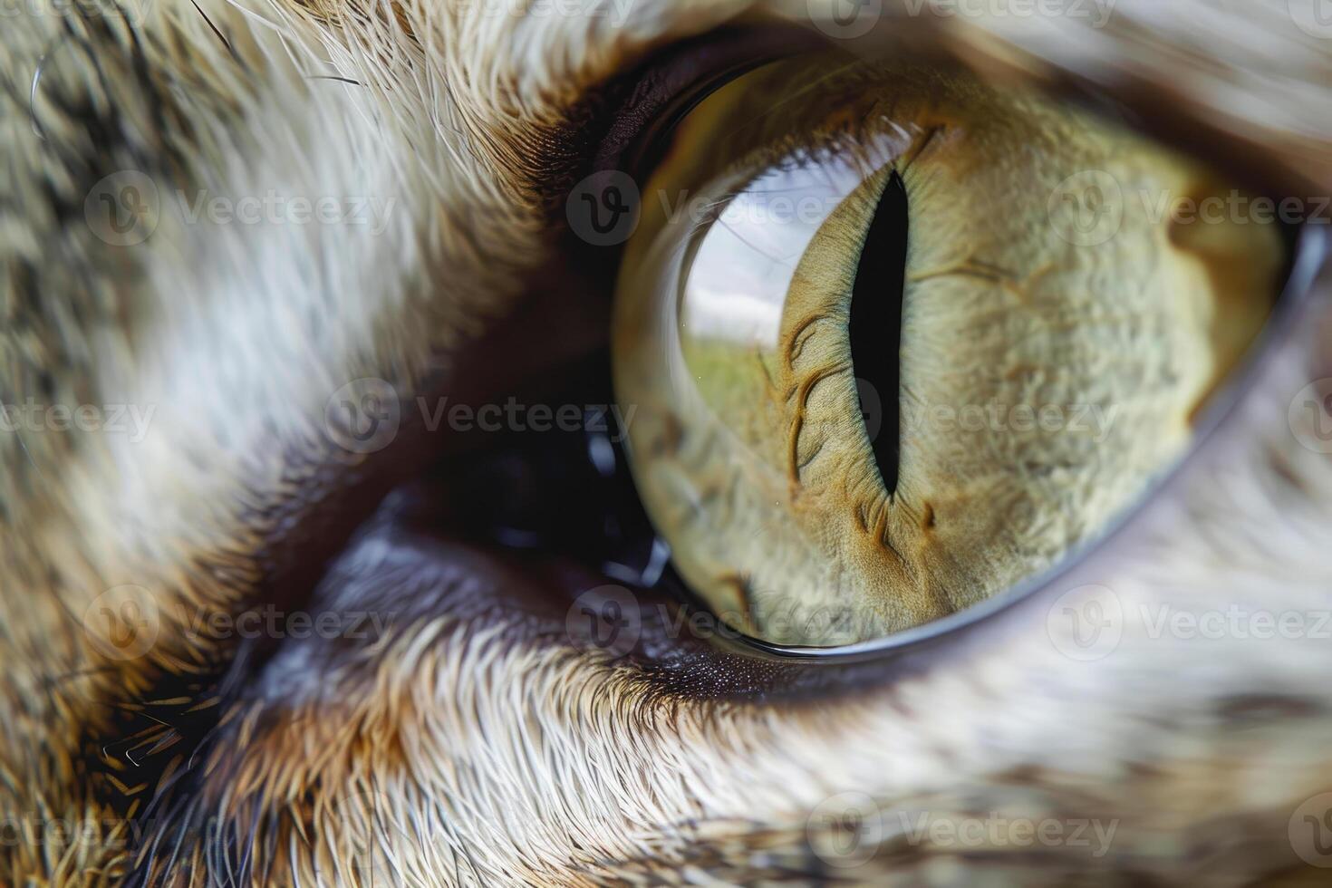 The image captures a close-up of a cat's eye, showcasing the complex patterns and colors. Natural light enhances the beauty of this feline feature, drawing attention to its depth photo