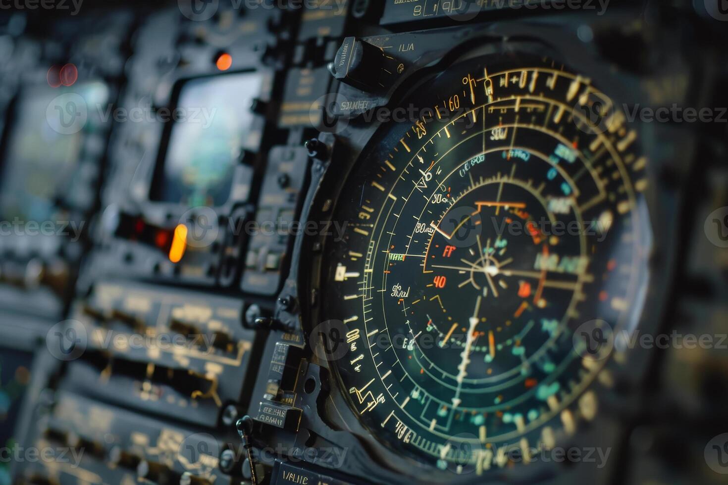 The detailed instrument panel showcases various radar readings and navigation indicators utilized by pilots in a commercial aircraft during flight photo