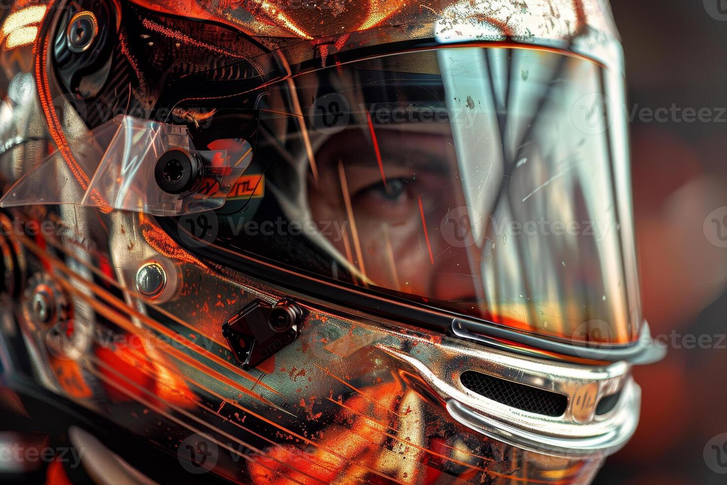 A racer focuses intently, wearing a striking helmet that reflects the vibrant atmosphere of a motorsport event. The scene captures the excitement and anticipation of competition photo