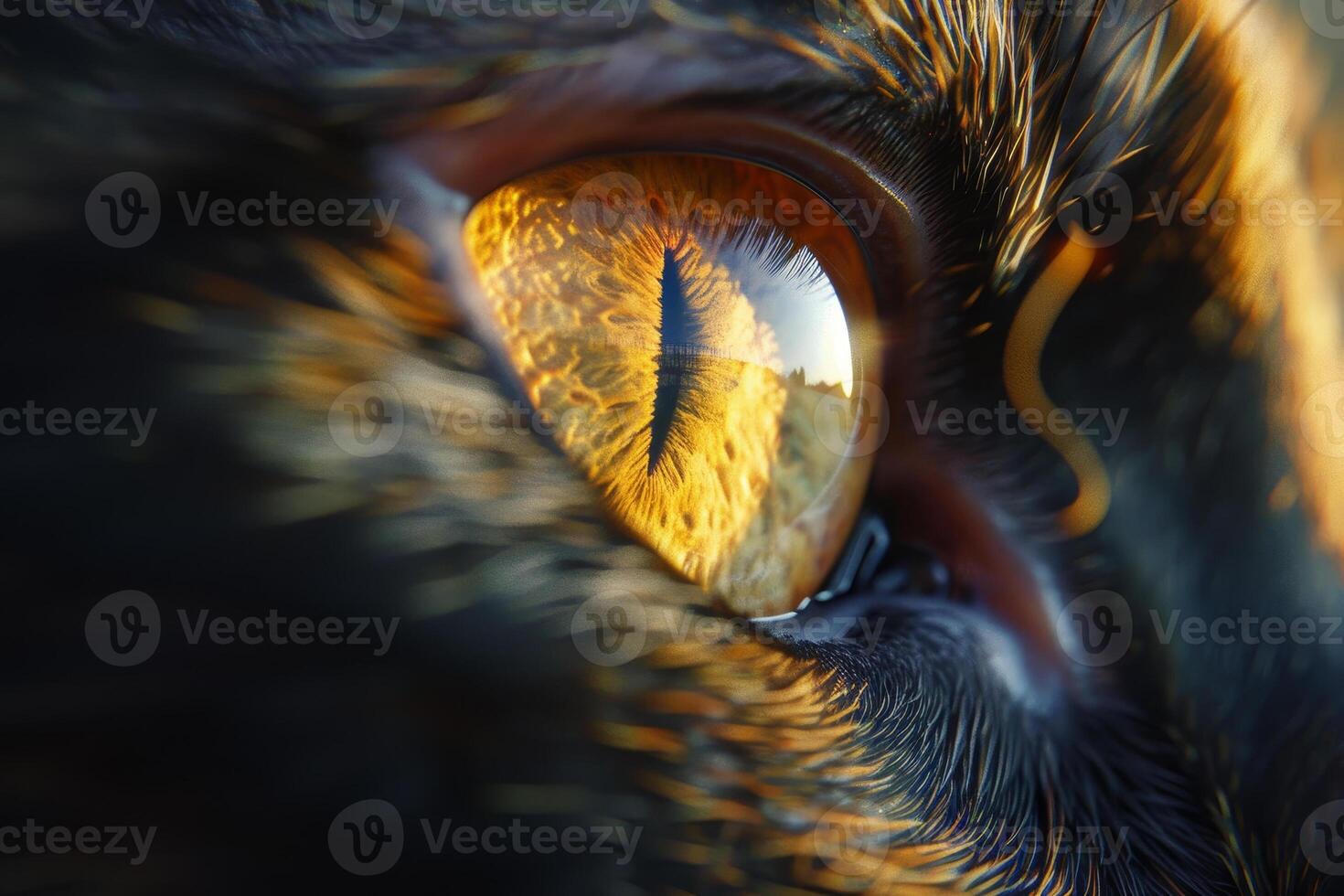 A cat's eye captures a stunning reflection of golden grasses, illuminated by the warm light of the golden hour. The intricate patterns and textures are mesmerizing photo