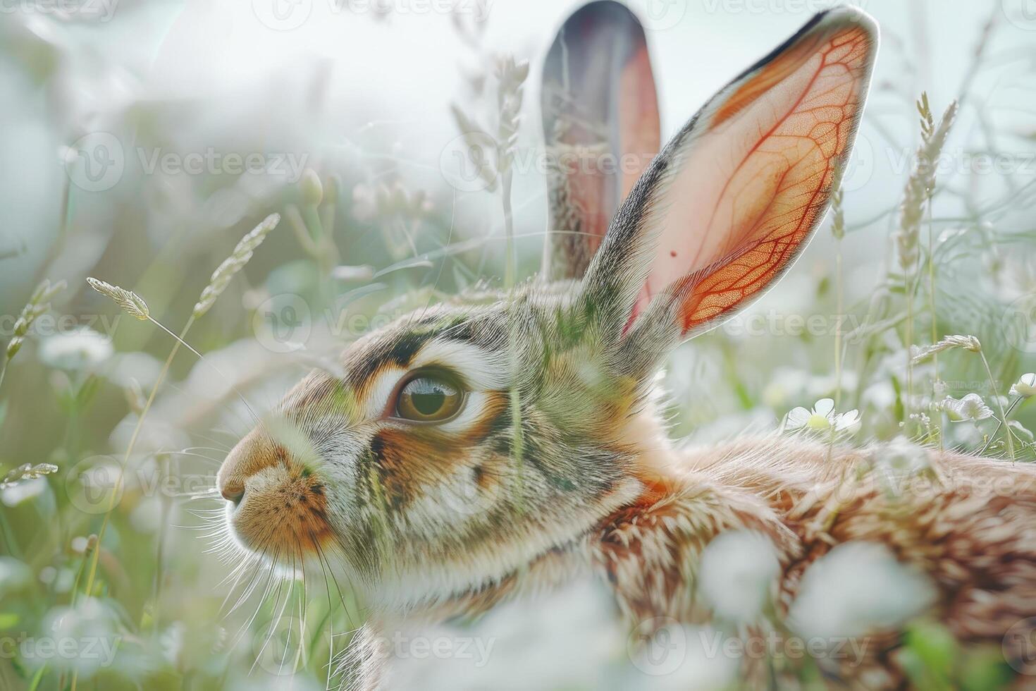 A rabbit gently forages through a meadow filled with wildflowers, illuminated by soft sunlight in a vibrant spring landscape. Its curious expression captures the moment beautifully photo