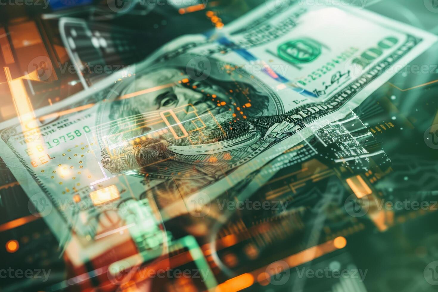 A detailed look at a one hundred dollar bill interwoven with digital graphics and financial indicators, showcasing the intersection of cash and technology photo