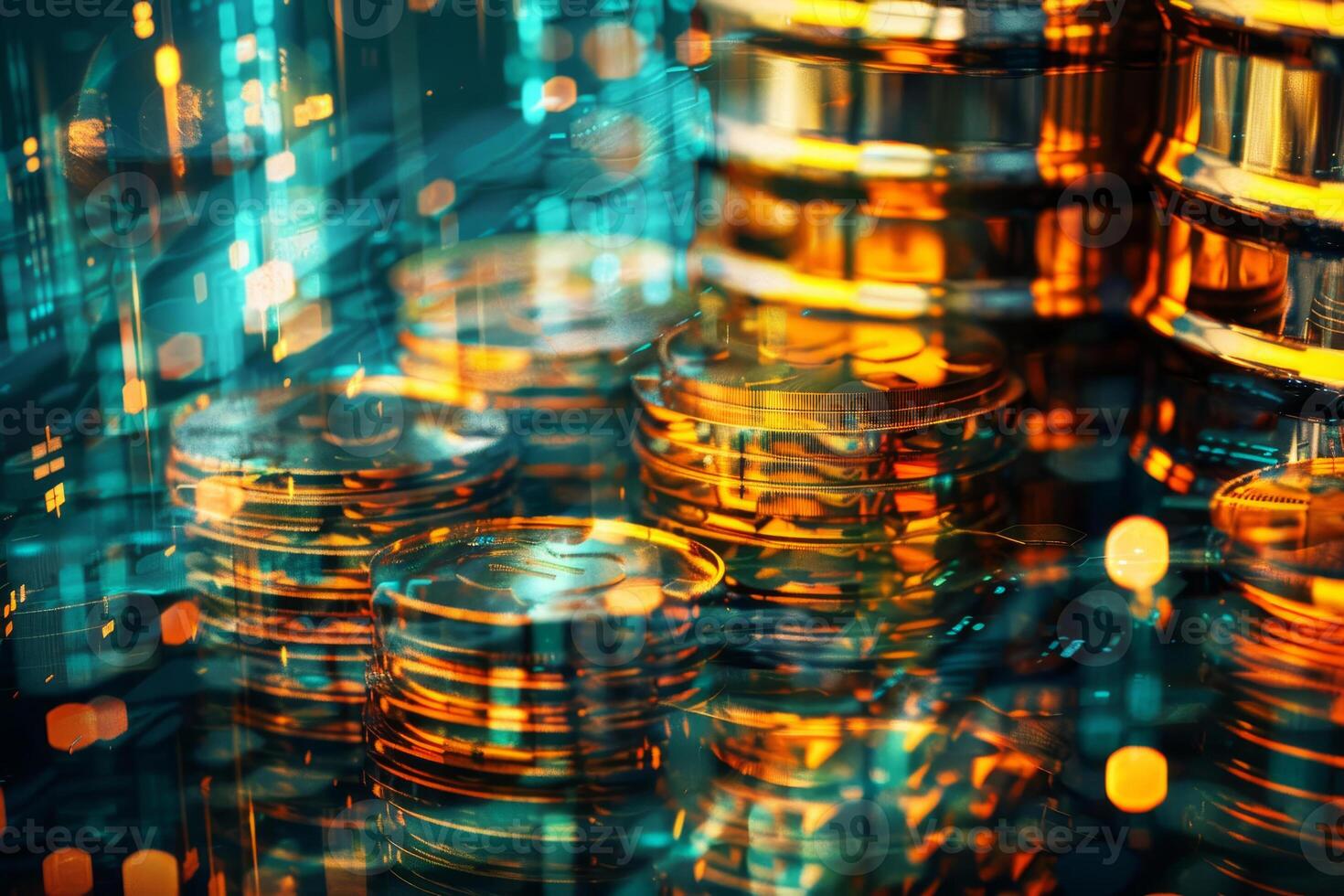 Golden coins are arranged in stacks, illuminated by a colorful digital display that represents a dynamic financial landscape and modern technology photo