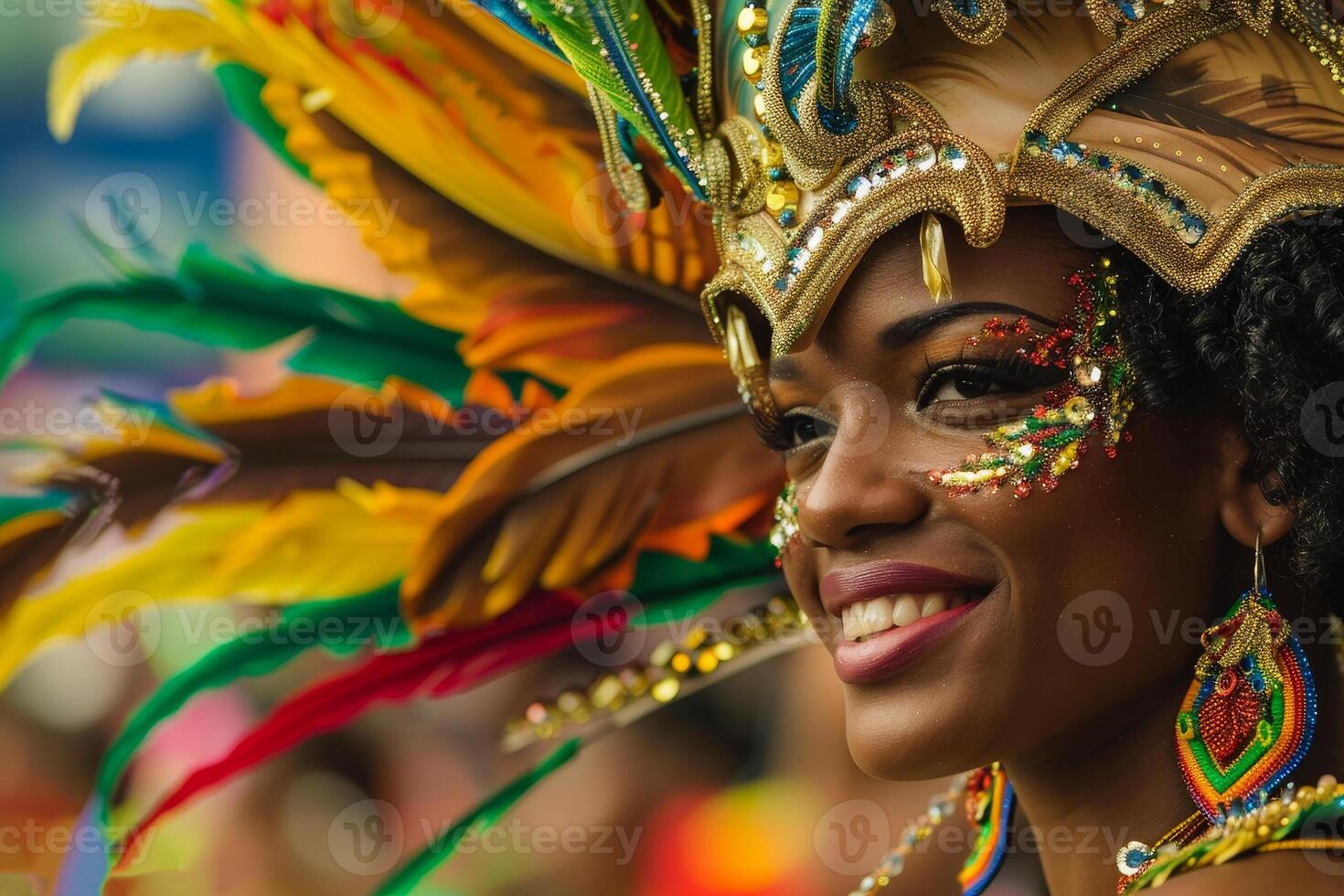 A festival-goer showcases an elaborate feathered headdress, adorned with bright colors and intricate details, while smiling joyfully amidst a bustling crowd photo