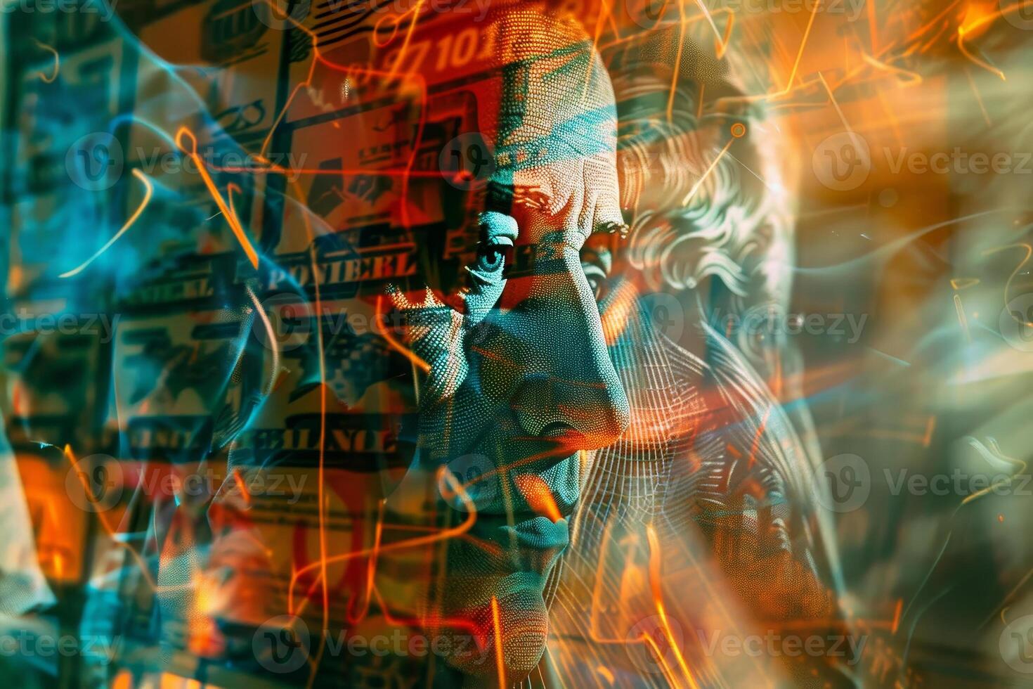 An intricate blend of currency designs and vibrant light patterns creates an abstract representation of financial themes and economic concepts, highlighting value and richness photo