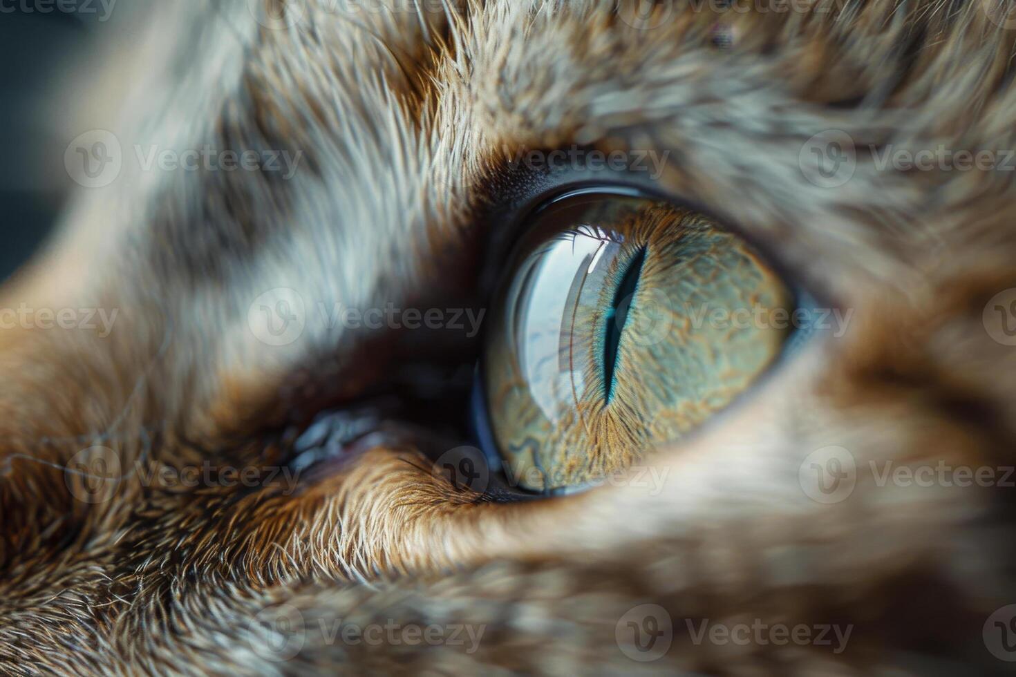 A vivid close-up captures the intricate details of a cat's eye, sparkling in the sunlight, showcasing vibrant colors and reflections of its environment photo