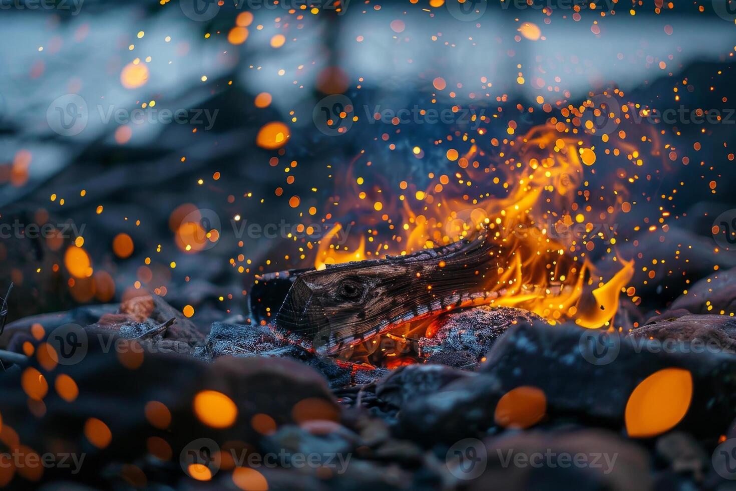 A cozy fire burns brightly on the rocky lakeshore as sparks and embers rise into the evening air, illuminating the surrounding environment with warmth photo