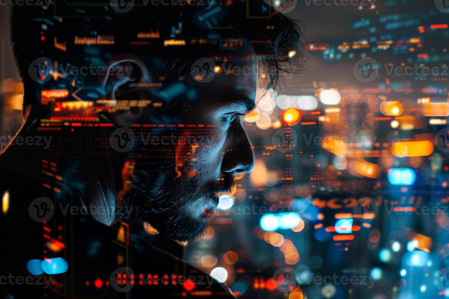 The individual is deep in thought, surrounded by vibrant city lights and a graphic display of digital data, conveying a blend of nature and technology in an urban landscape photo