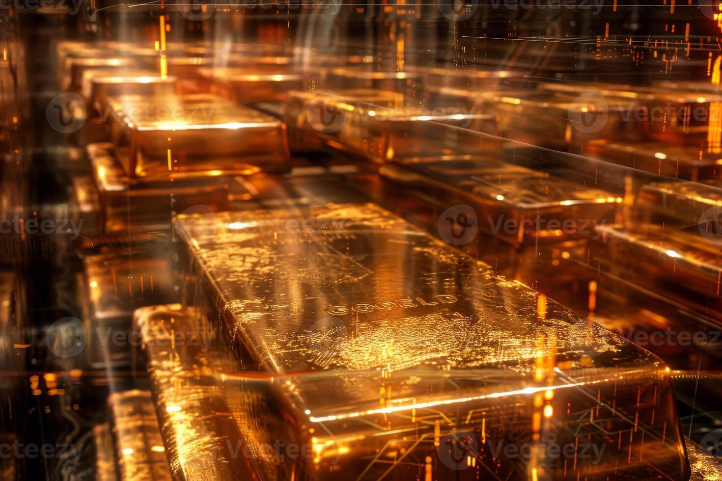 Gold bullion bars are arranged in a secure vault, glimmering under strategic lighting that highlights their polished surfaces and rich color, creating an atmosphere of wealth photo