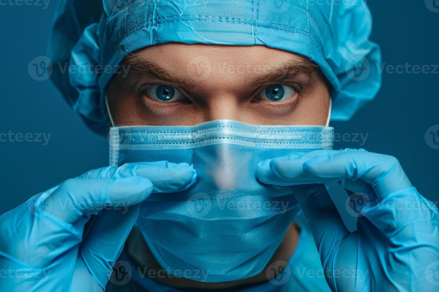 A healthcare professional adjusts their mask and gloves, focusing intensely on ensuring safety and hygiene while preparing for a patient consultation in a clinical environment photo