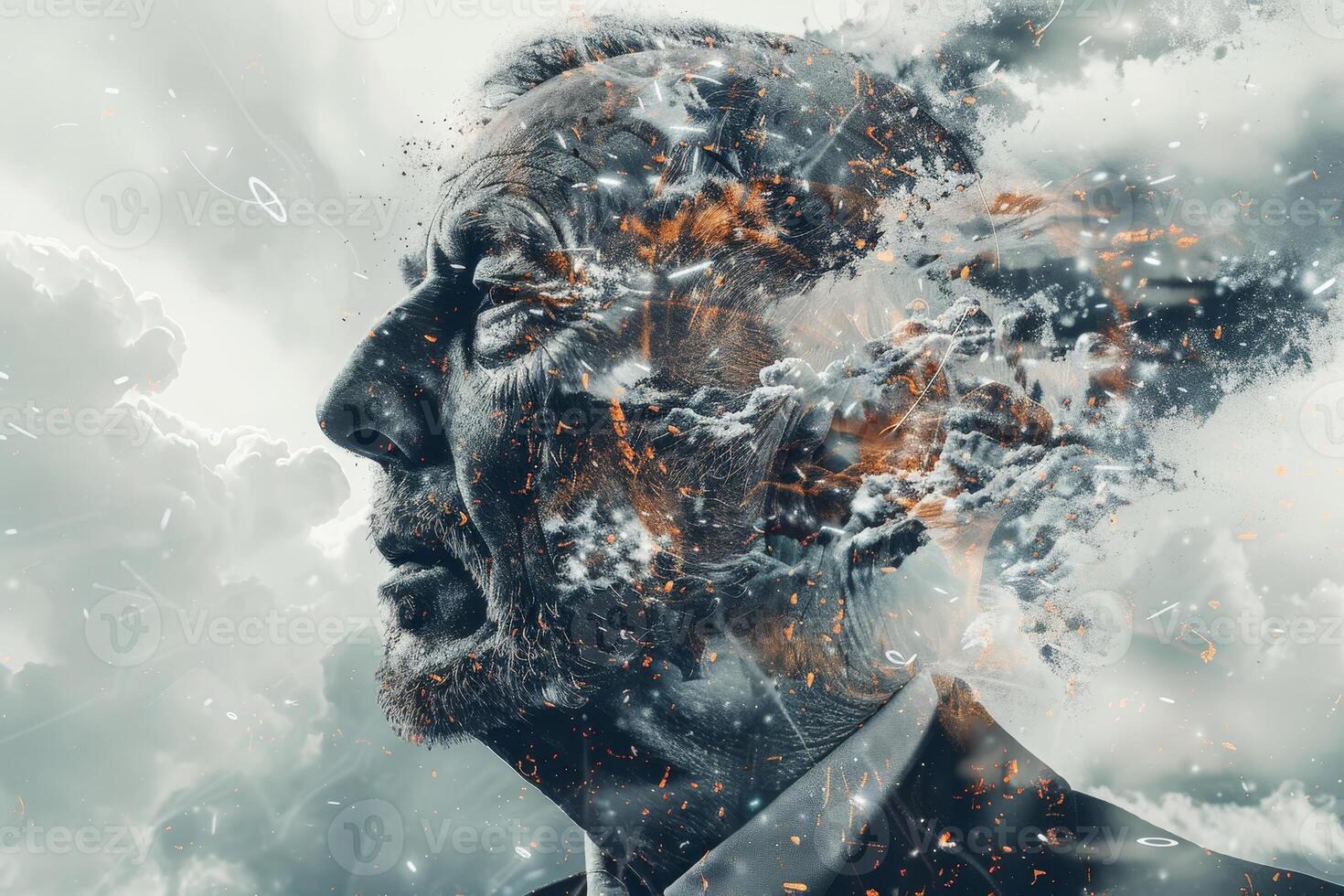 An elderly man silhouette takes shape against a turbulent sky, merging human features with dark clouds and bursts of light, evoking a sense of introspection and nature's fury photo