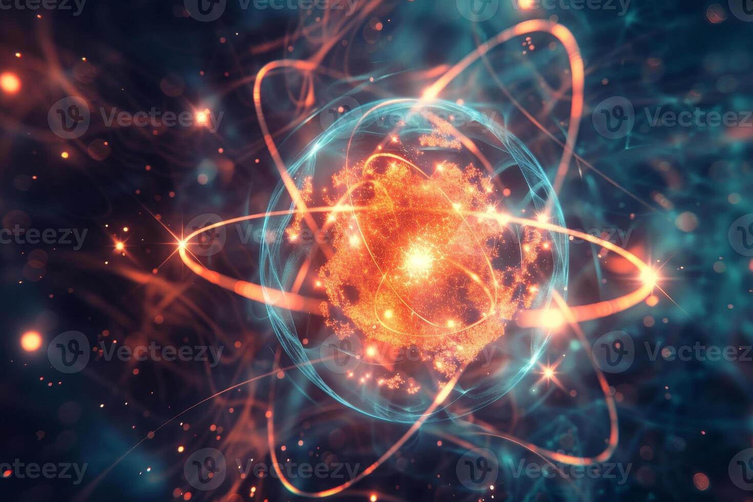 This composition features a glowing atom at its center, with energetic waves radiating outward. The scene captures a sense of motion and connection among subatomic particles in a cosmic environment photo
