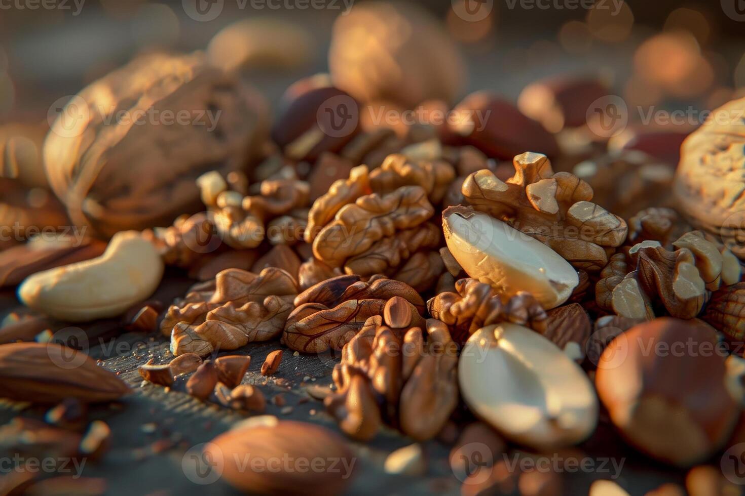 An assortment of nuts including walnuts, almonds, and cashews arranged on a rustic wooden surface, illuminated by warm evening light photo