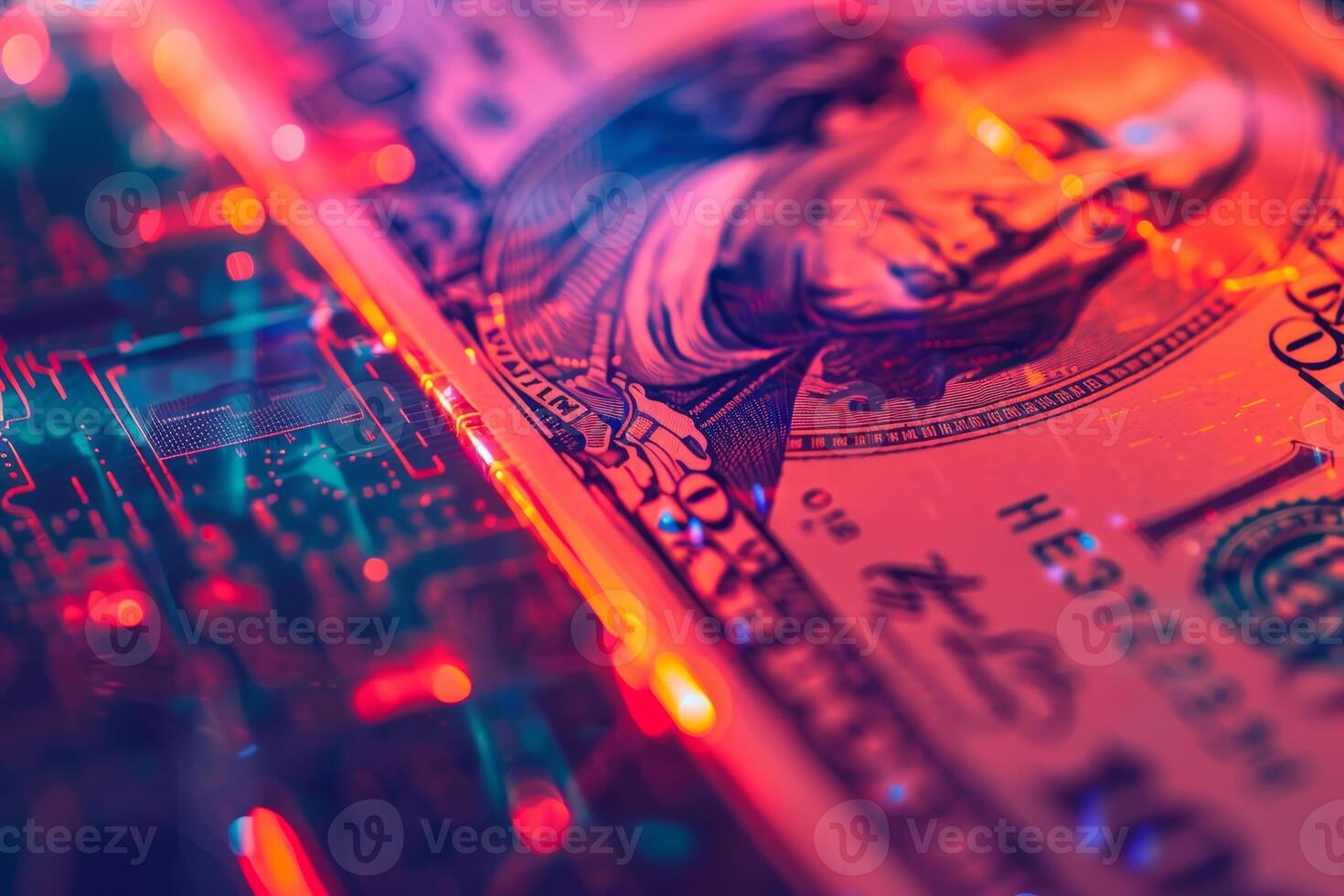 A close-up view of a hundred dollar bill placed over digital financial graphics, highlighting the intersection of traditional currency and modern technology illuminated in colorful lights photo