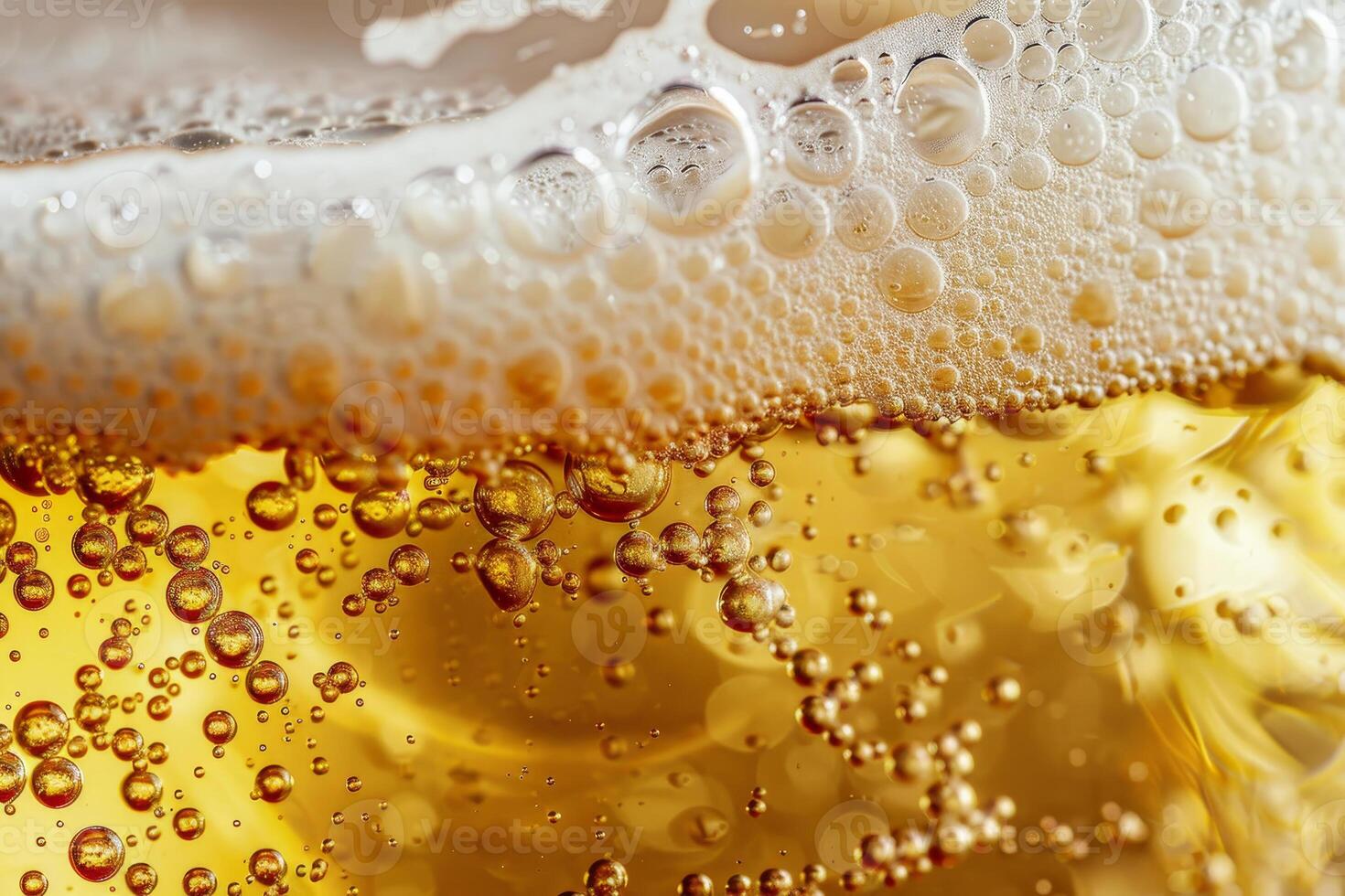 A close-up captures the effervescent bubbles and creamy foam of golden beer, highlighting its rich amber color. This inviting beverage reflects a moment of relaxation photo