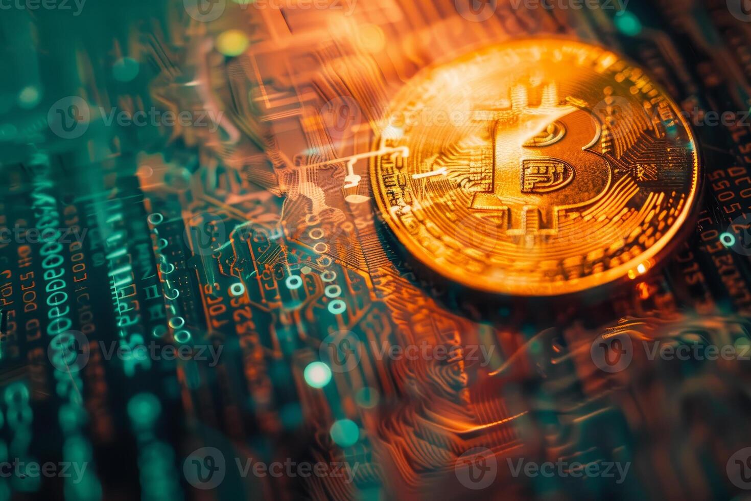 A golden Bitcoin is positioned on a vibrant circuit board, reflecting light from the intricate circuitry and providing a visual representation of digital currency photo