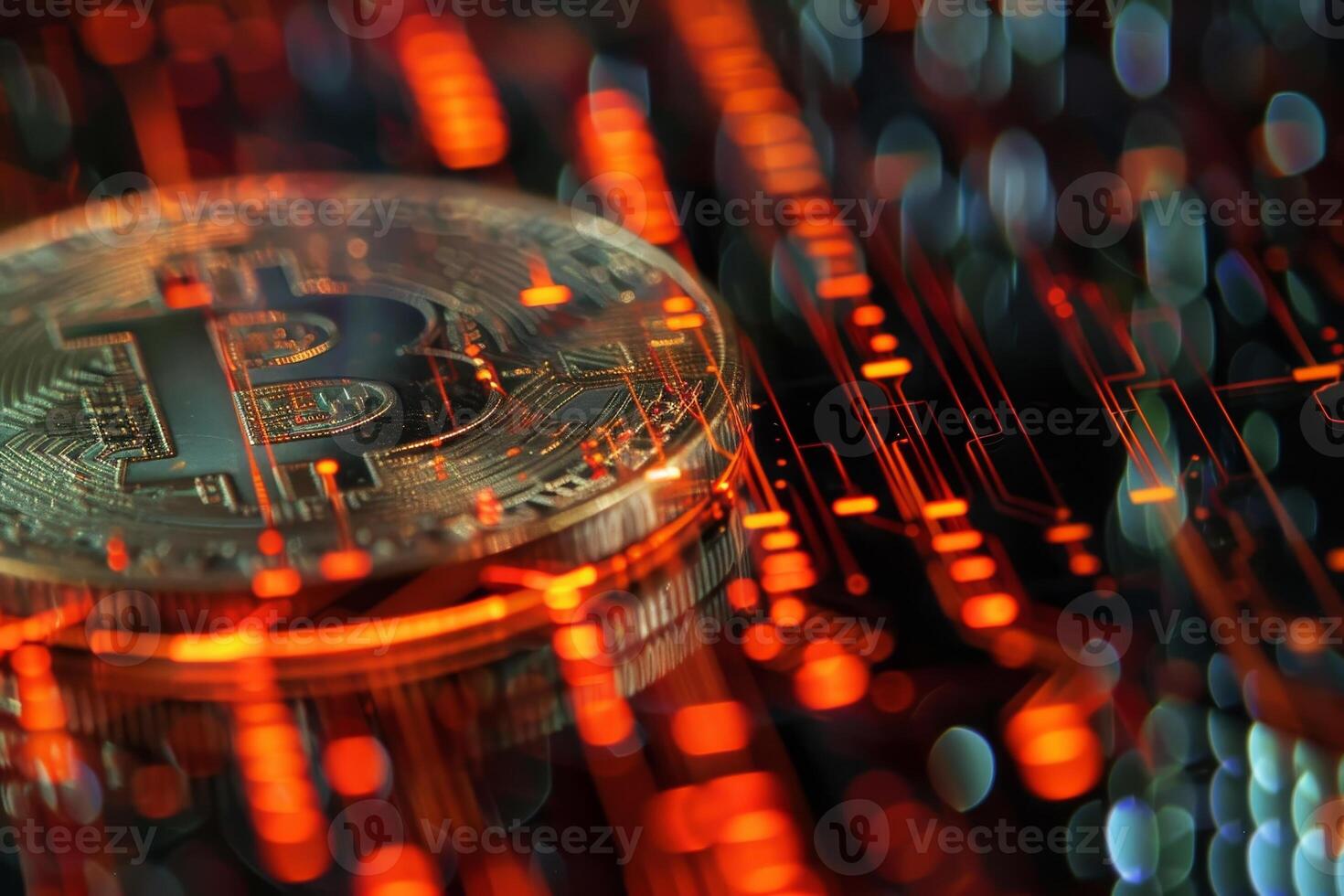 A detailed view showcases a Bitcoin prominently placed among vibrant, glowing digital patterns, illustrating the dynamic nature of cryptocurrency transactions photo