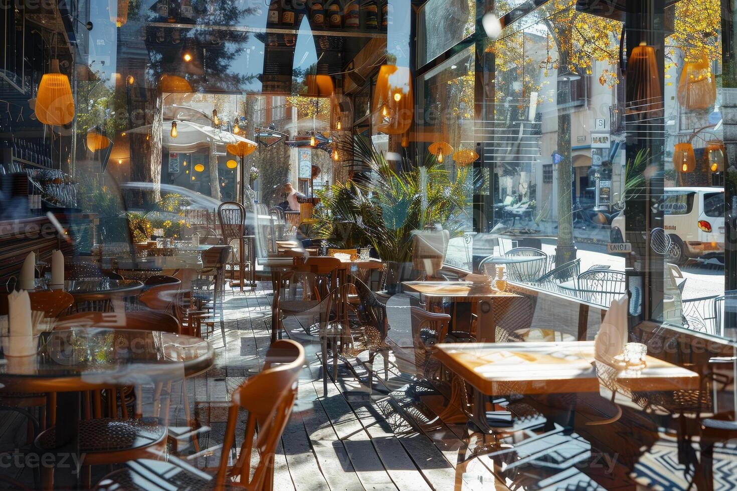 A restaurant with tables and chairs in the middle of a city photo