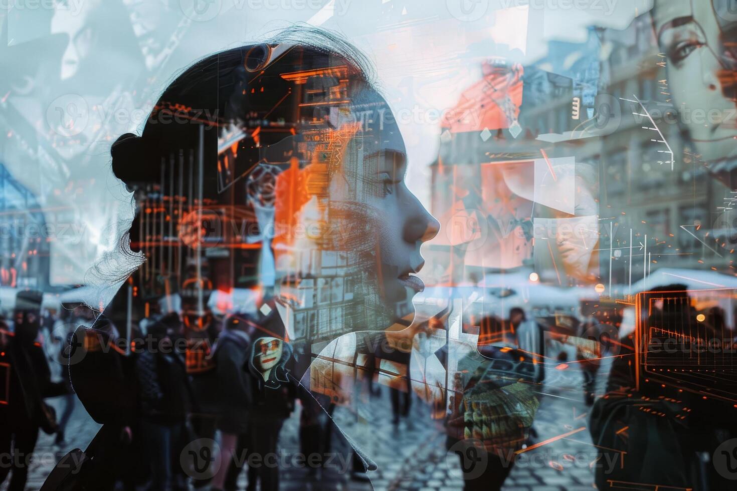 A woman is looking at a city skyline with a double image photo