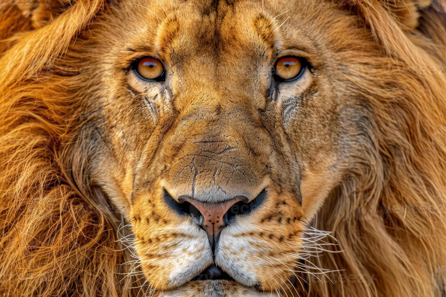 A close up of a lion's face with a big mane photo