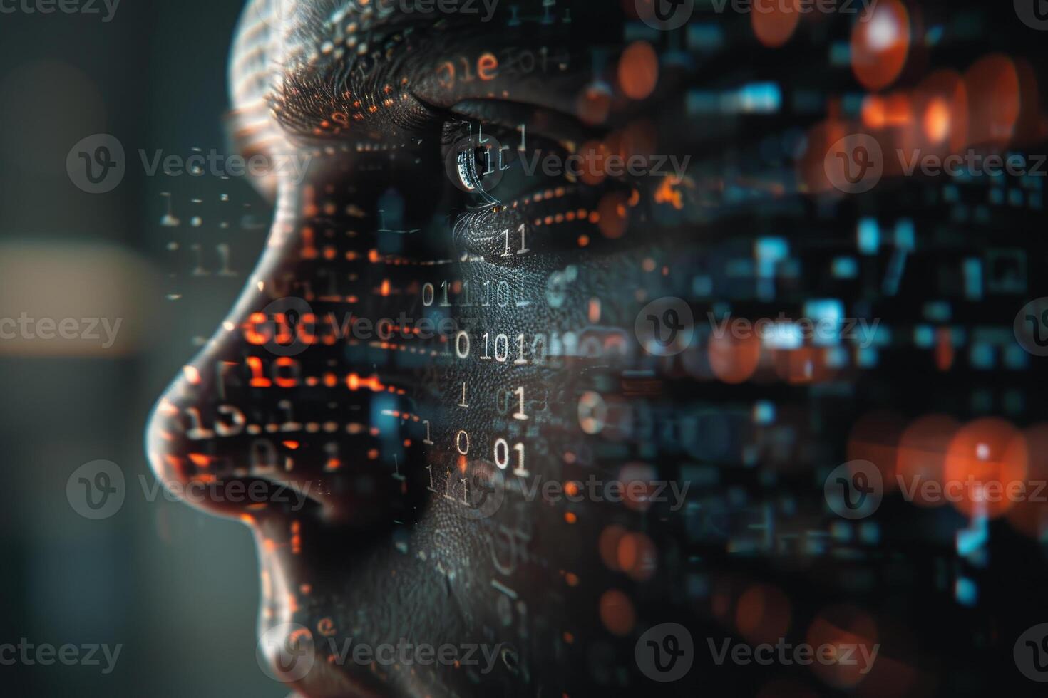 A woman's face is surrounded by digital data photo
