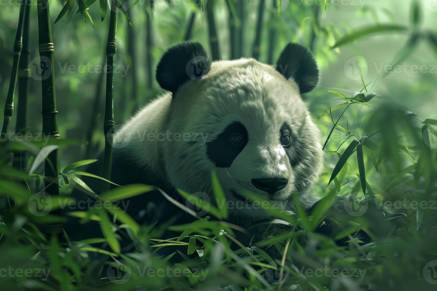 A panda bear is sitting in the grass photo