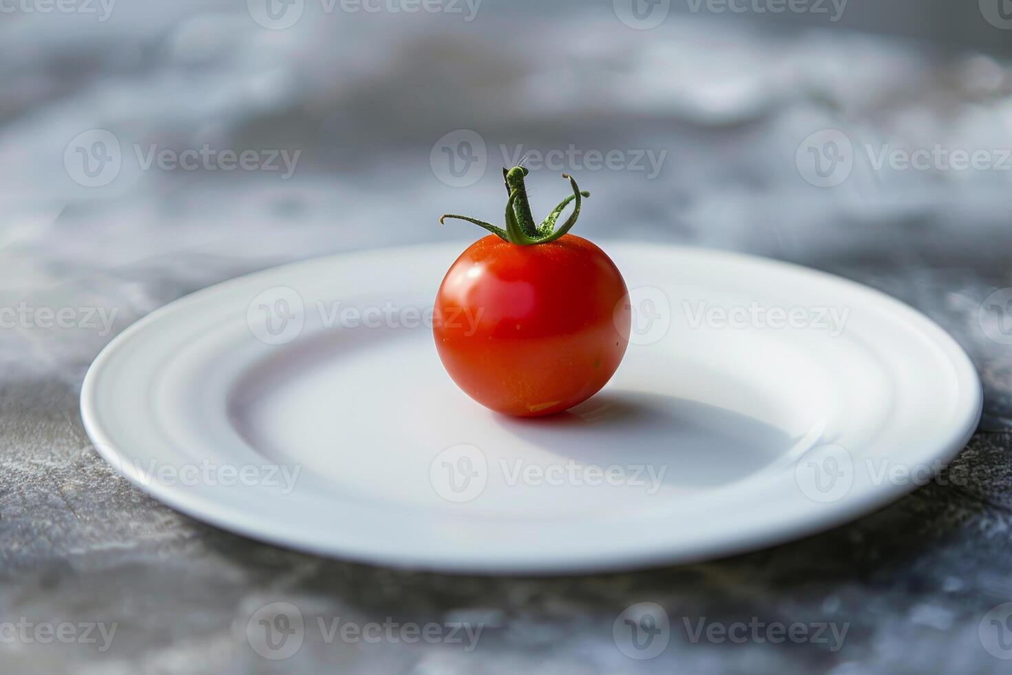 A small tomato on a white plate photo