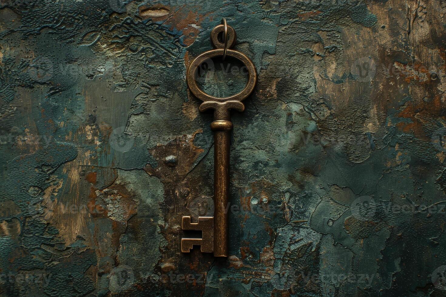 Old rusty key on a rusty wall photo