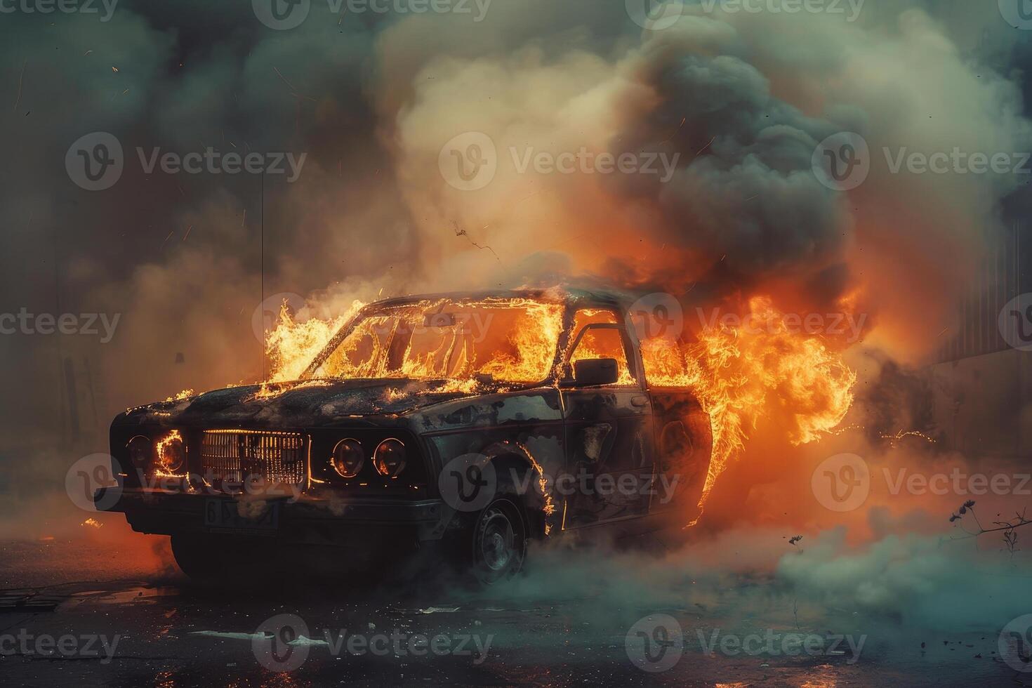 A car is on fire in the street photo