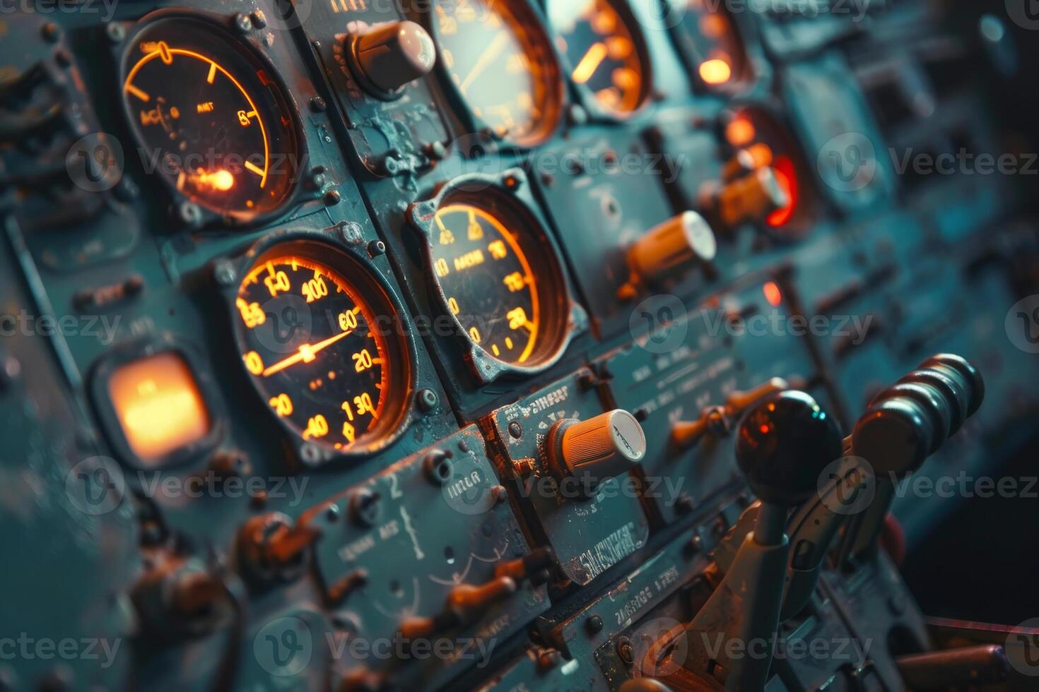The cockpit of an airplane with many gauges photo