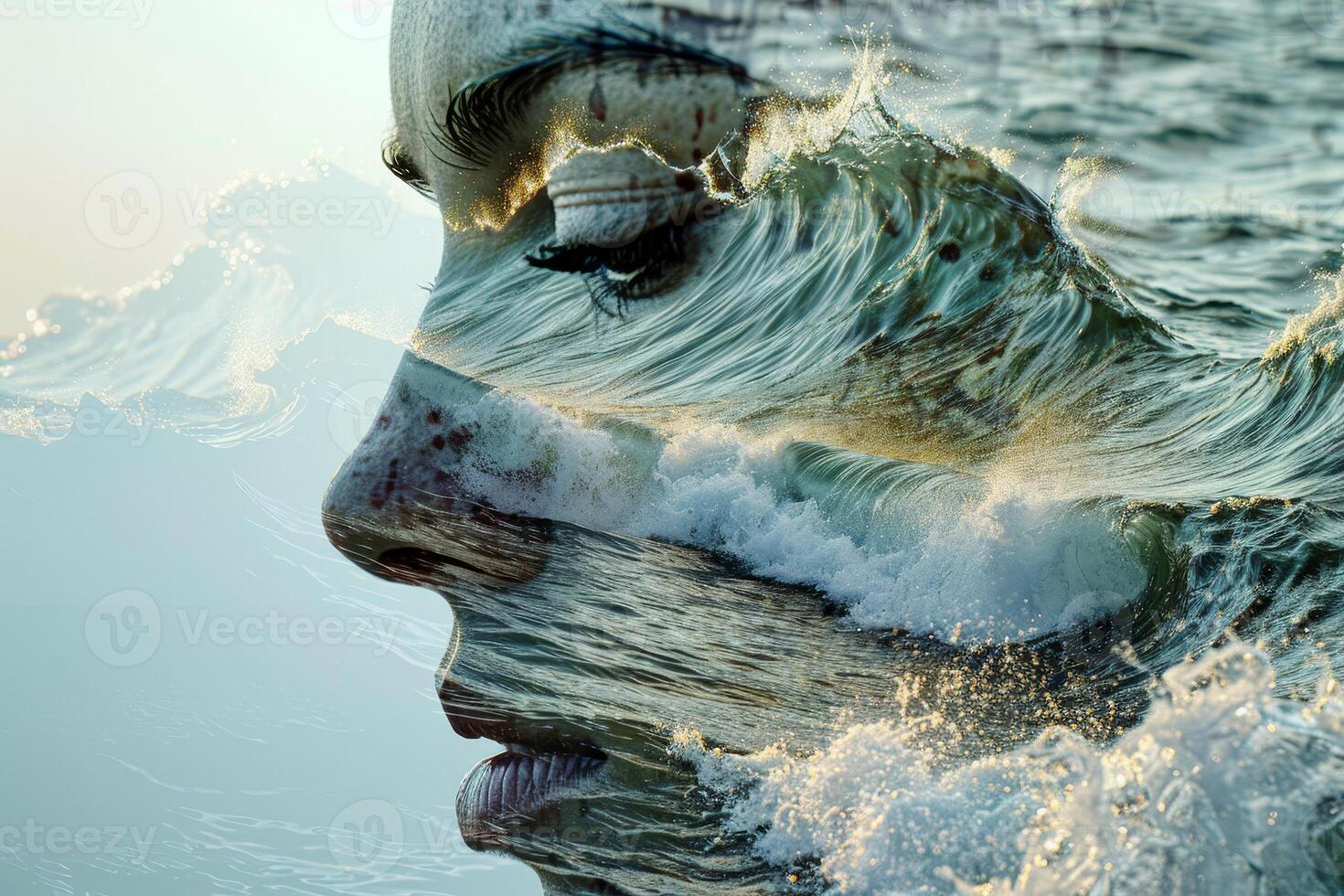 The portrait of a woman merges with the dynamic movement of ocean waves, symbolizing the deep link between human feelings and the natural world during twilight photo