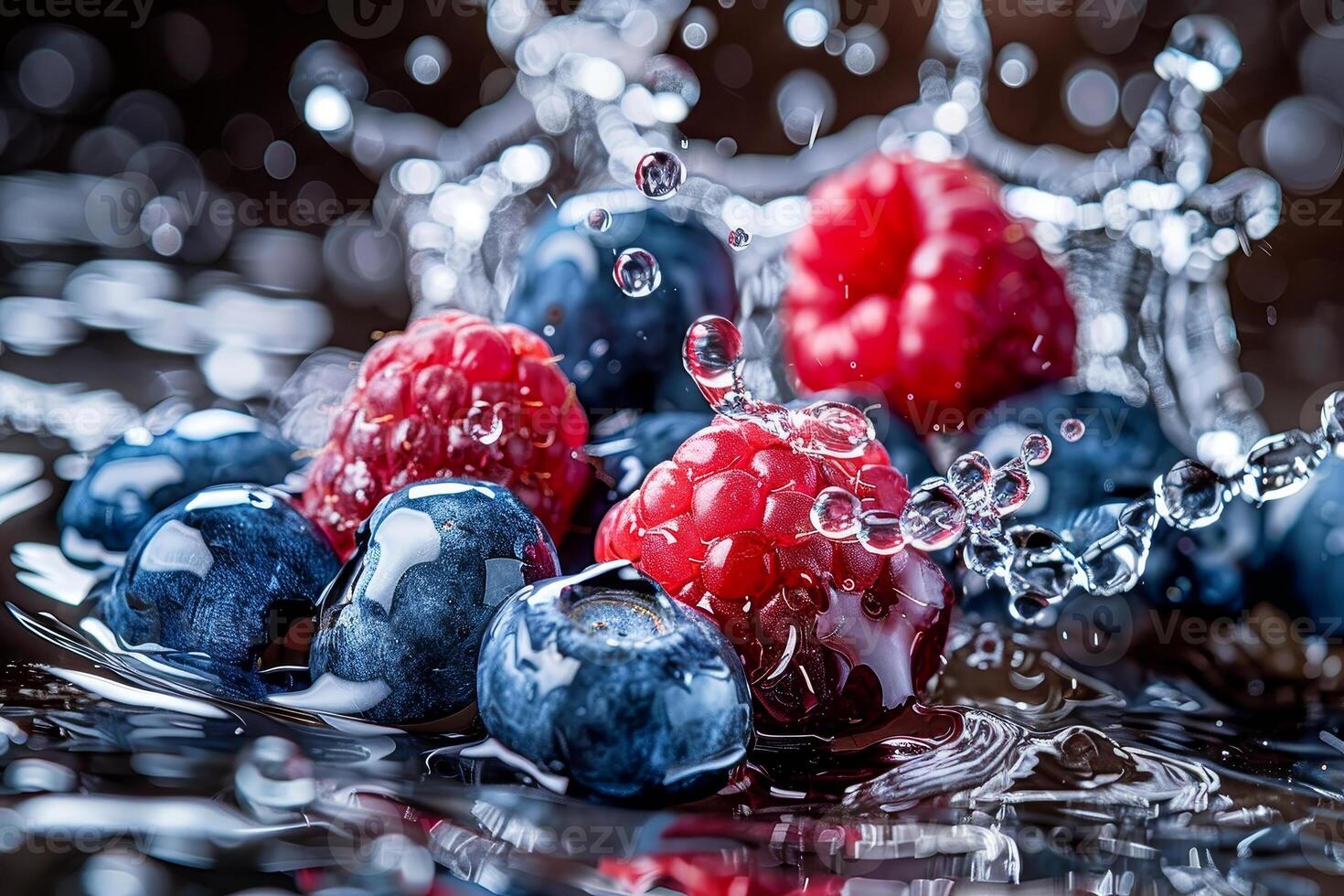 Juicy blueberries and raspberries create a lively splash in clear water, showcasing the vivid colors and textures as droplets fly, emphasizing freshness and vitality photo