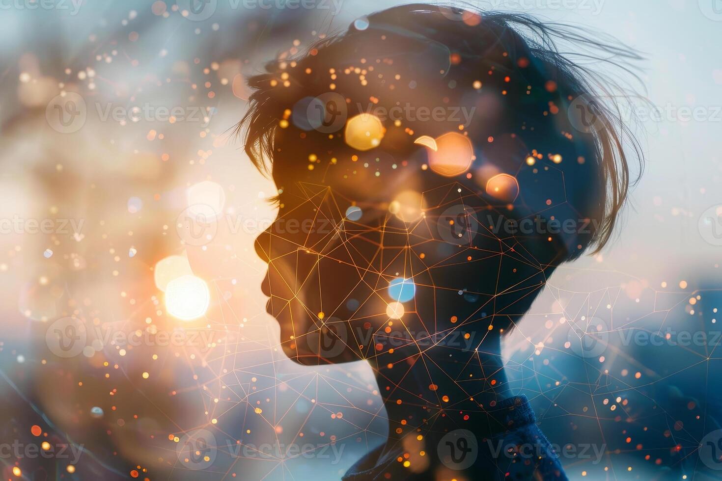 A young child stands in profile, quietly reflecting as colorful lights and patterns swirl around, creating a magical atmosphere against the backdrop of a setting sun photo