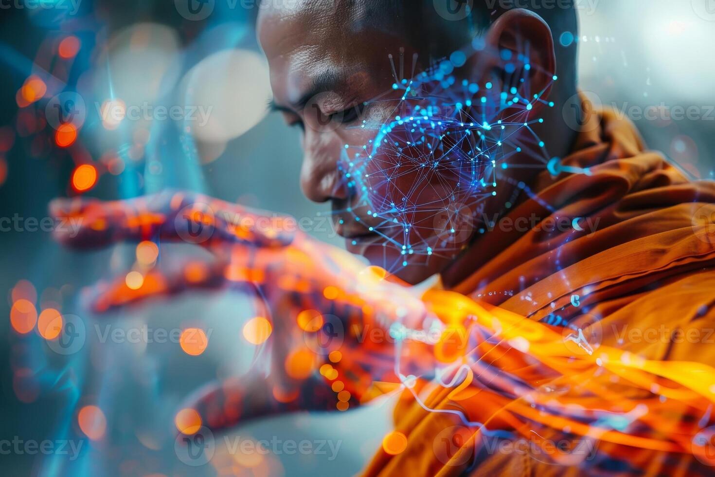 A monk meditates in a tranquil setting, connecting with spiritual energy as digital patterns and light effects intertwine with his focused presence photo