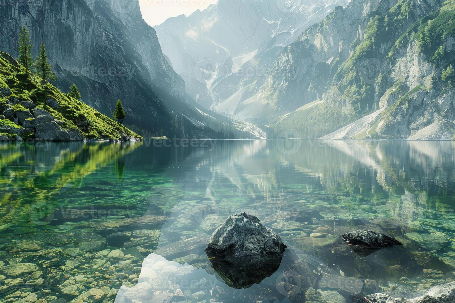 The tranquil lake mirrors the towering mountains and vibrant greenery around it, creating a breathtaking view in the soft morning light that invites relaxation photo