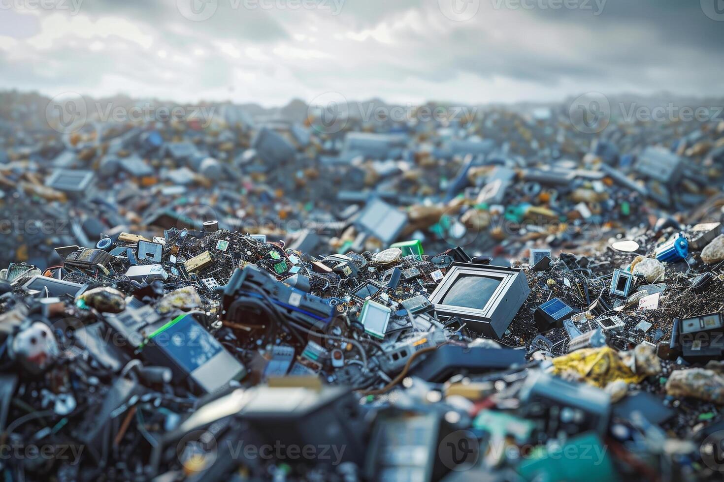 A large area is covered with discarded electronic devices, including old televisions and computer parts, amidst cloudy weather, highlighting the growing challenge of e-waste management photo