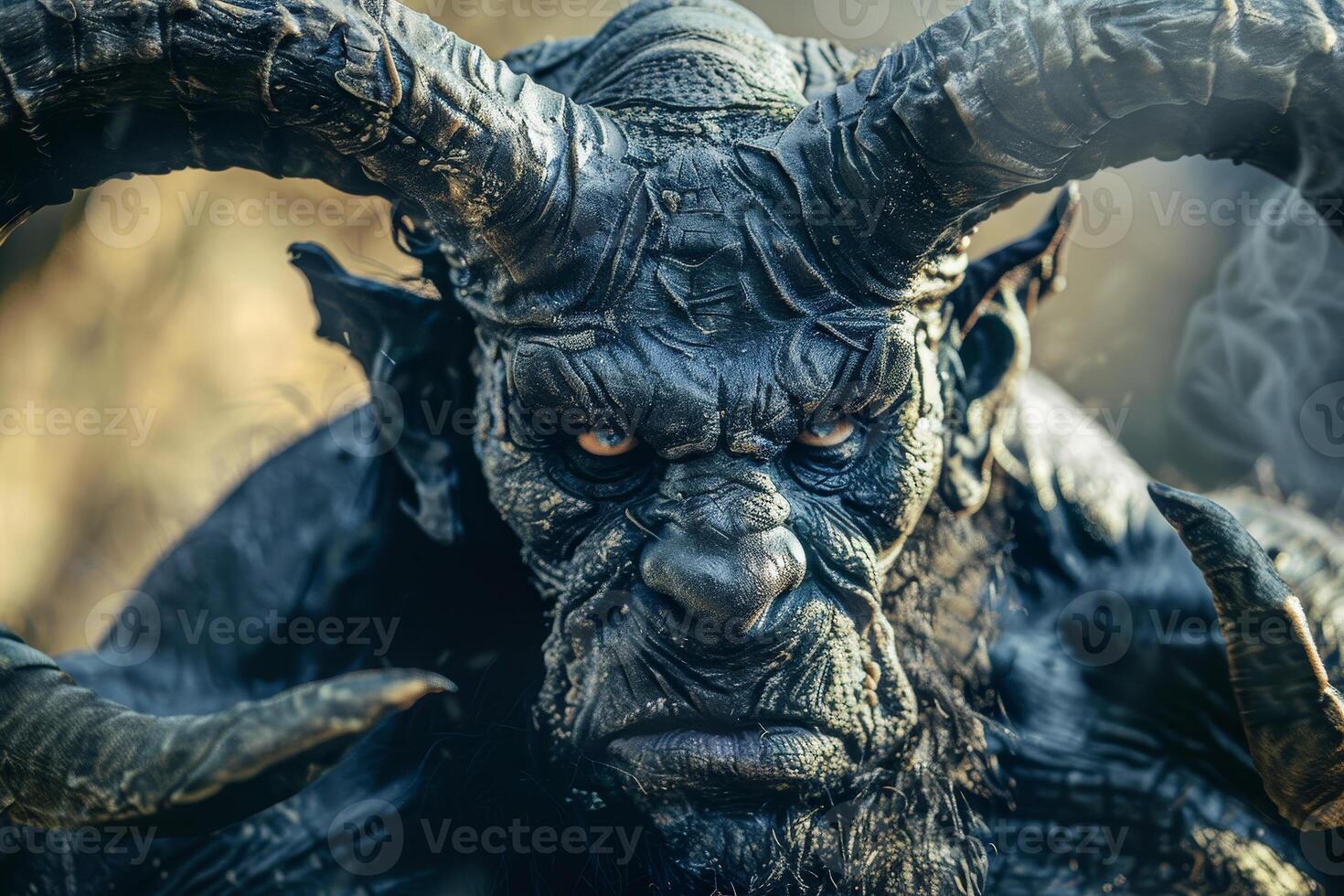 The formidable creature stands menacingly, showcasing intricate textures on its skin and impressive horns, surrounded by a mystical forest background at dusk photo