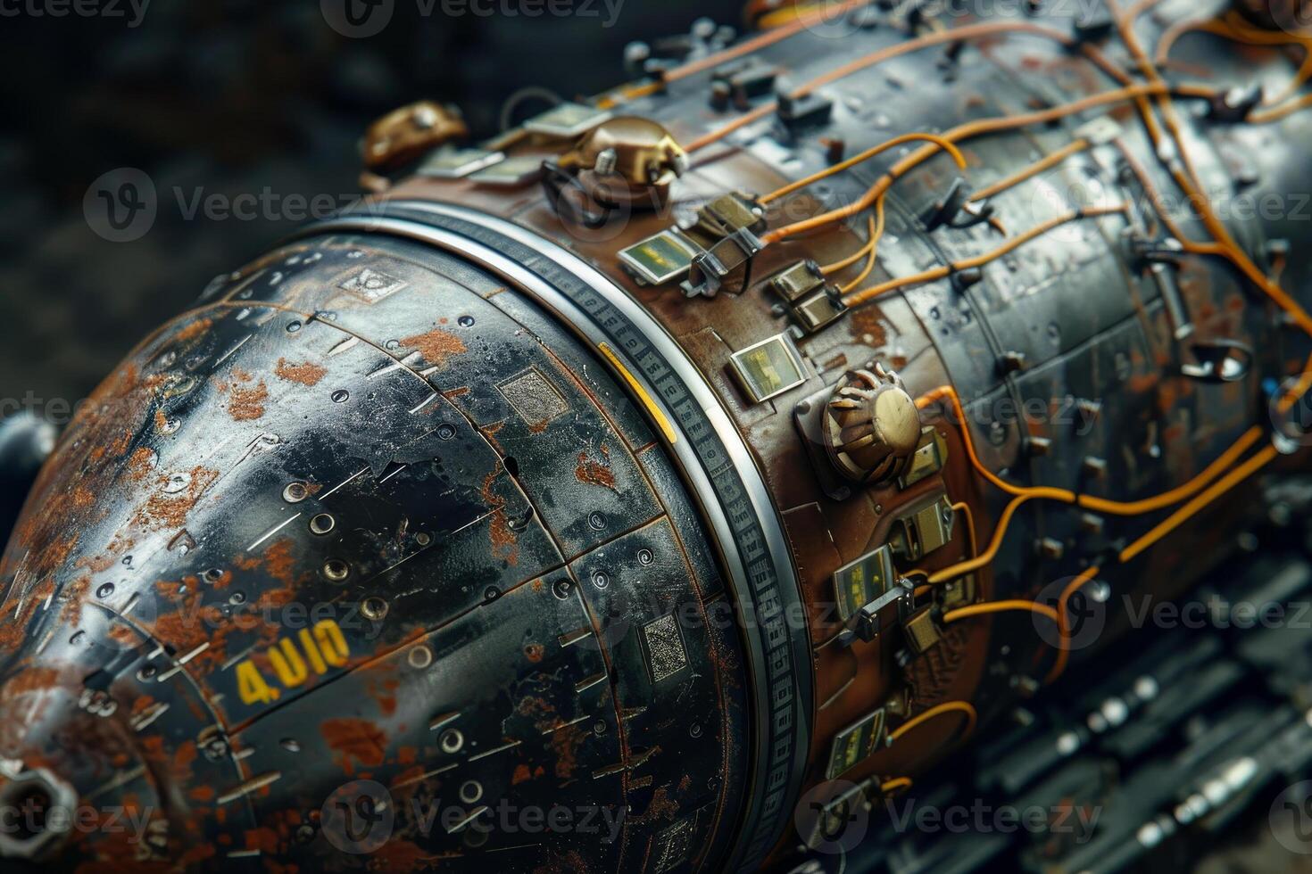 The close-up highlights the complex design of a rusted spacecraft engine, featuring exposed wiring and metallic surfaces in a sci-fi environment, emphasizing its intricate details photo
