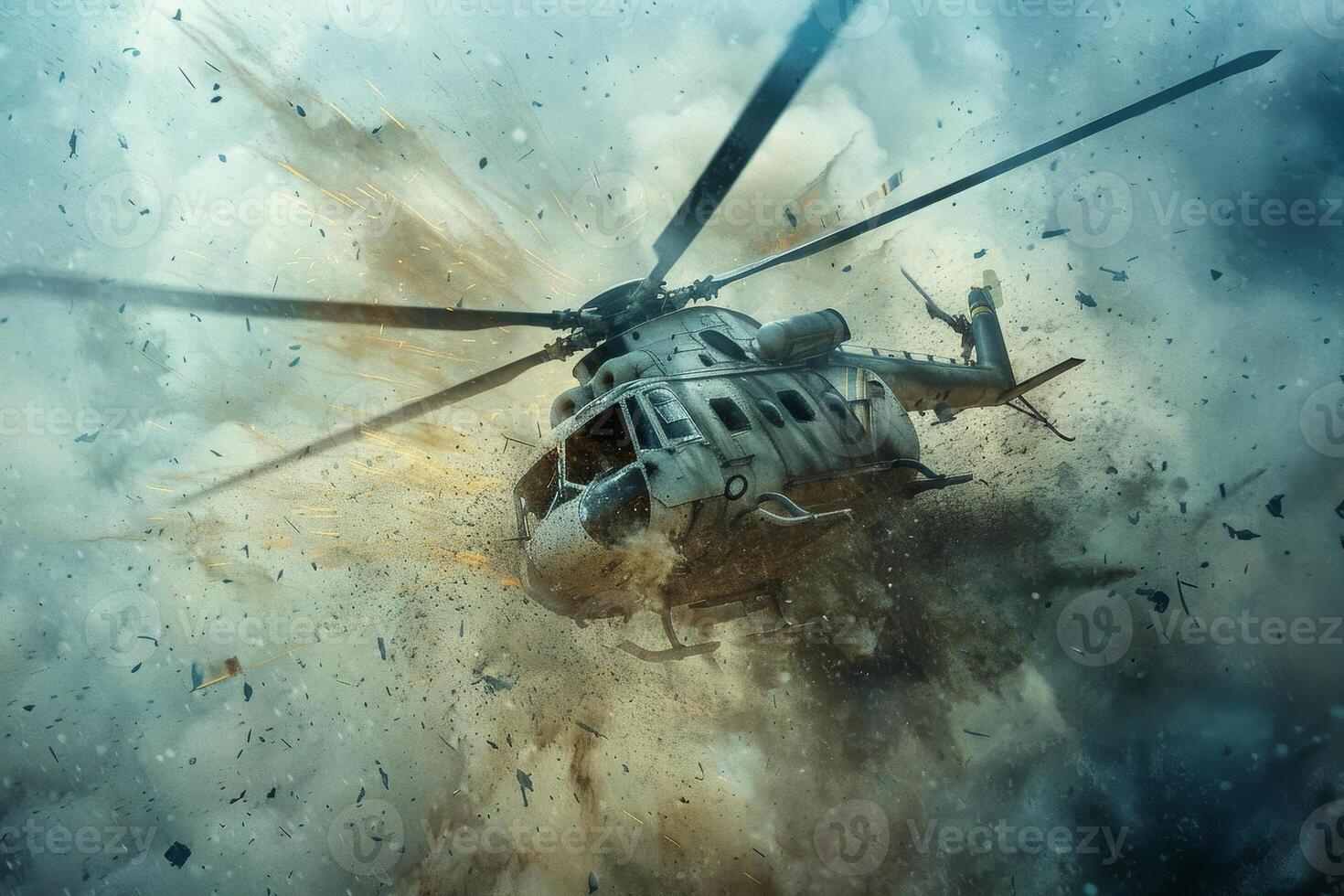 A military helicopter maneuvers through intense smoke and debris caused by an explosion, showcasing the chaos of a battle environment during a conflict photo
