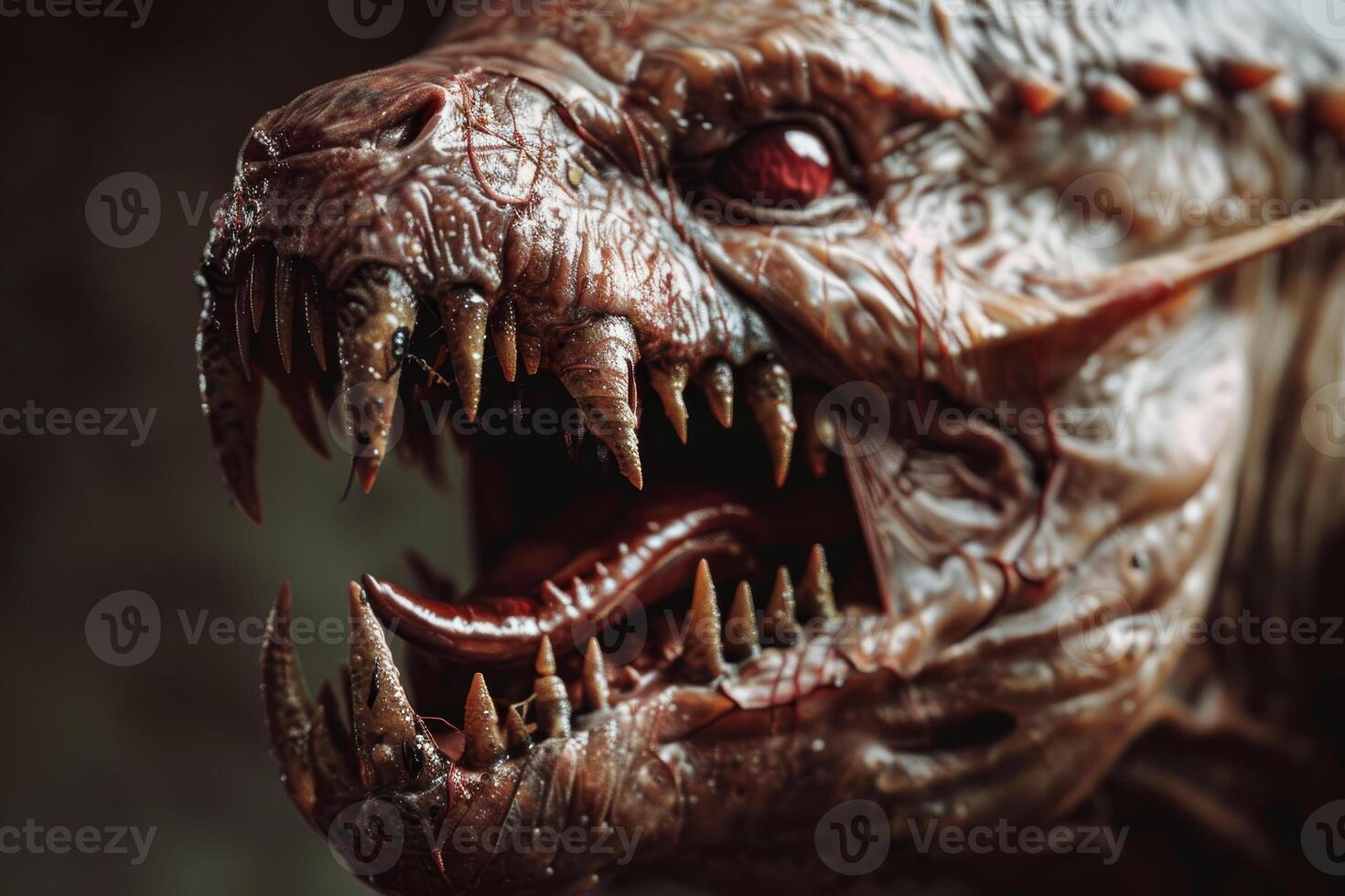 The creature exudes terror with its jagged teeth and glowing eyes, set against a dimly lit backdrop that enhances its fierce presence and dramatic detail photo