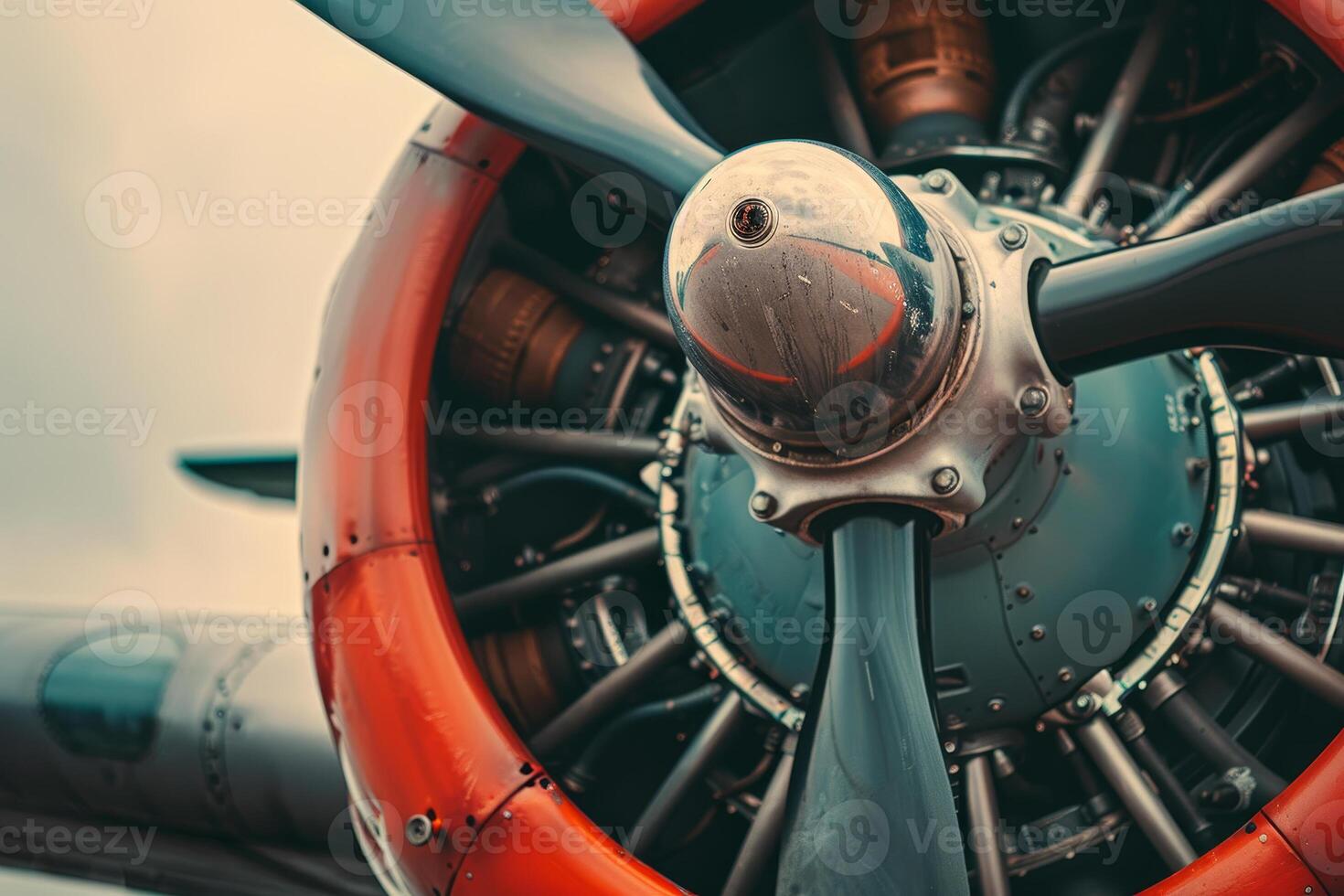 The image captures a close-up view of a colorful aircraft propeller, highlighting its intricate design and mechanical components against a cloudy background photo