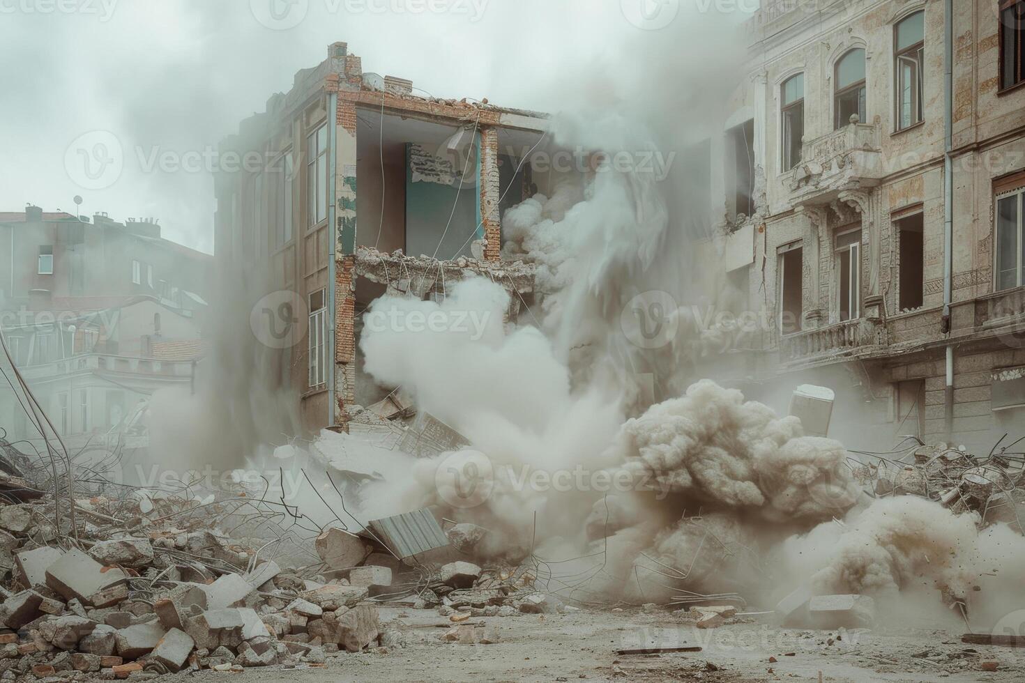 Dust and debris fill the air as a building crumbles in an urban setting, highlighting the aftermath of demolition and the chaos that follows photo