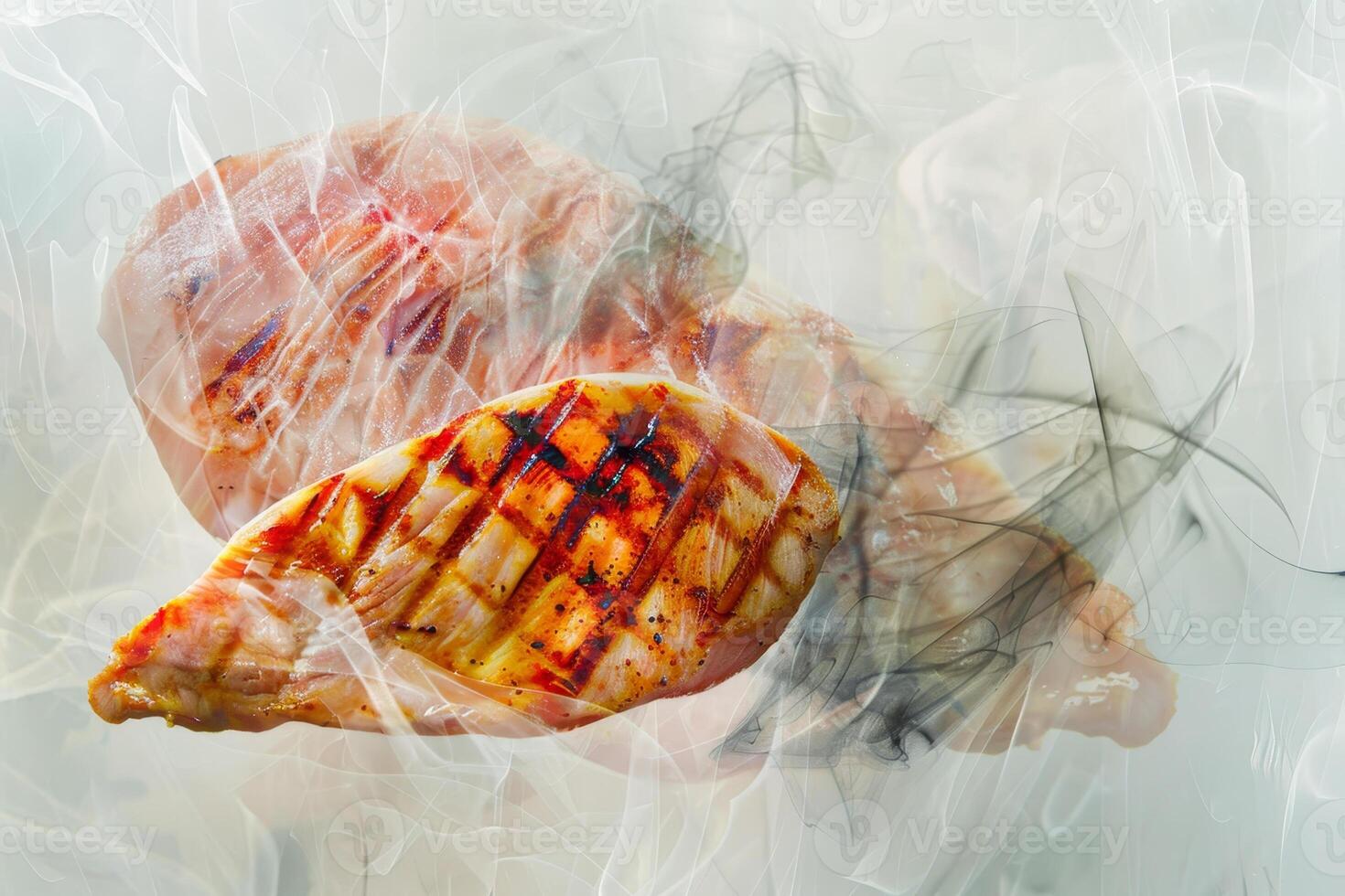 Juicy grilled chicken breasts sizzle on the barbecue grill, releasing savory smoke in a backyard setting ideal for summer gatherings and outdoor meals photo