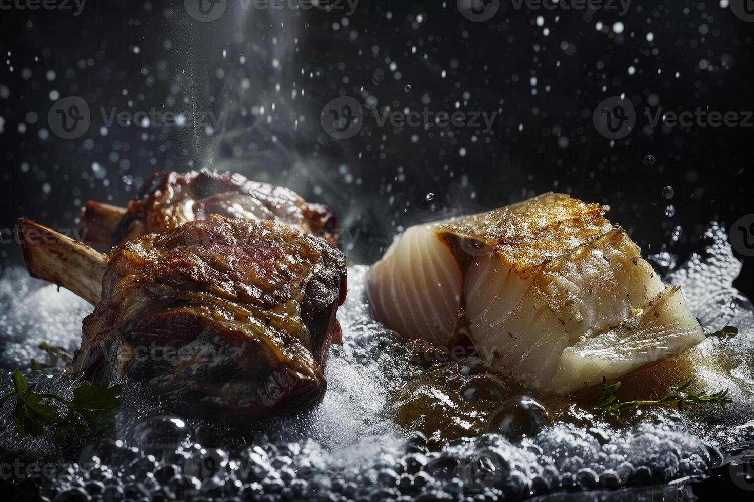 Juicy lamb chops sear alongside a delicate fish fillet, both releasing flavorful steam, enhanced by a touch of fresh herbs in a dark setting photo