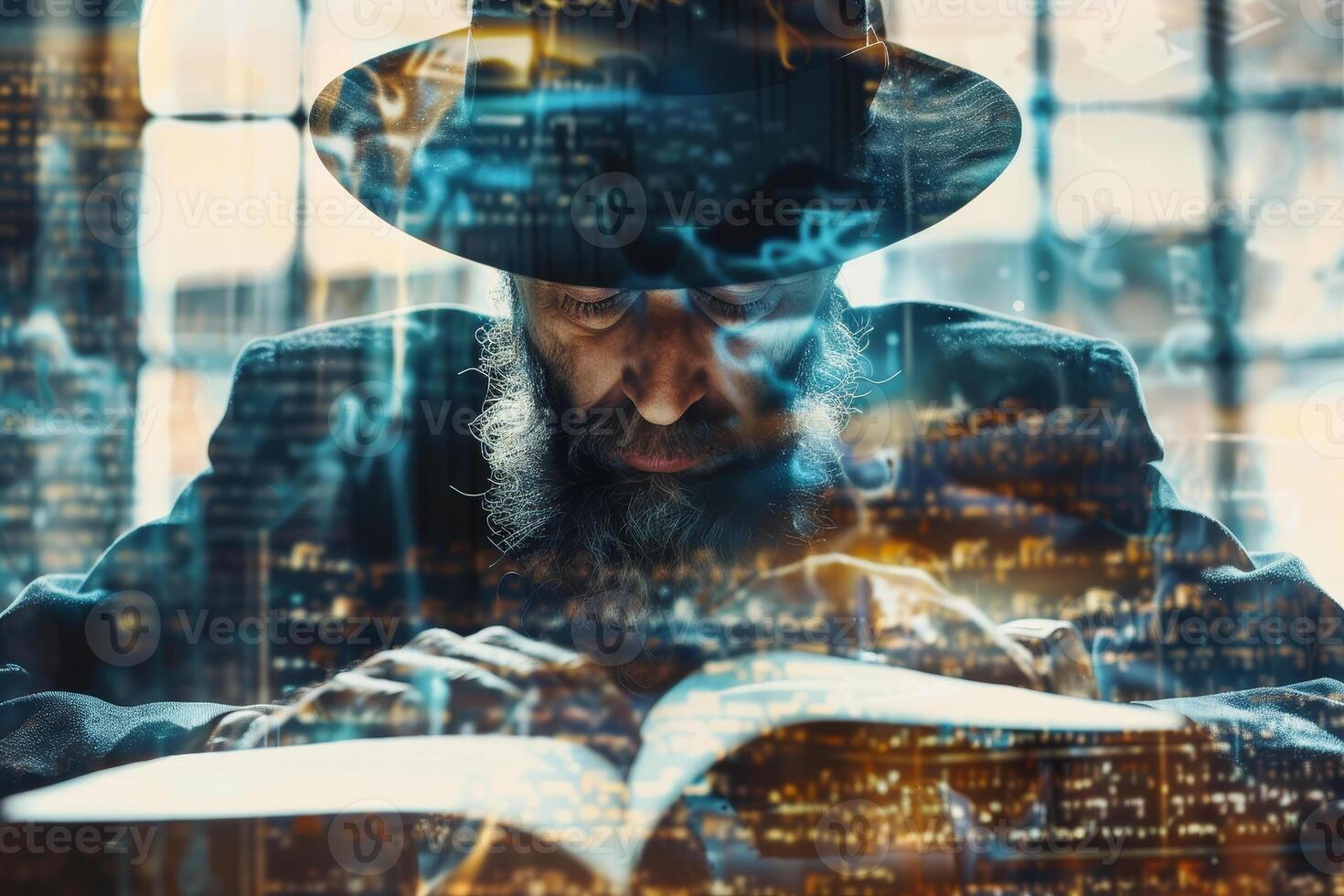 A man wearing a black hat immersed in reading a book while illuminated by light from cityscapes and digital data, creating a unique blend of tradition and modernity photo