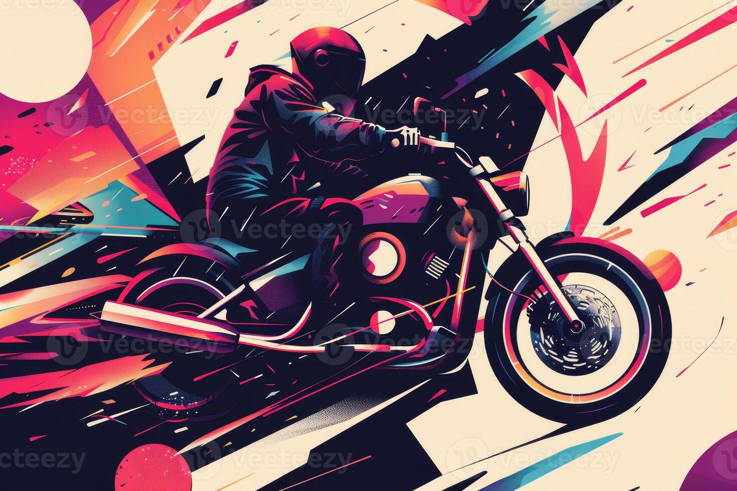 A motorcycle rider speeds through a striking abstract backdrop filled with vivid colors and sharp lines, capturing a sense of exhilaration and freedom photo