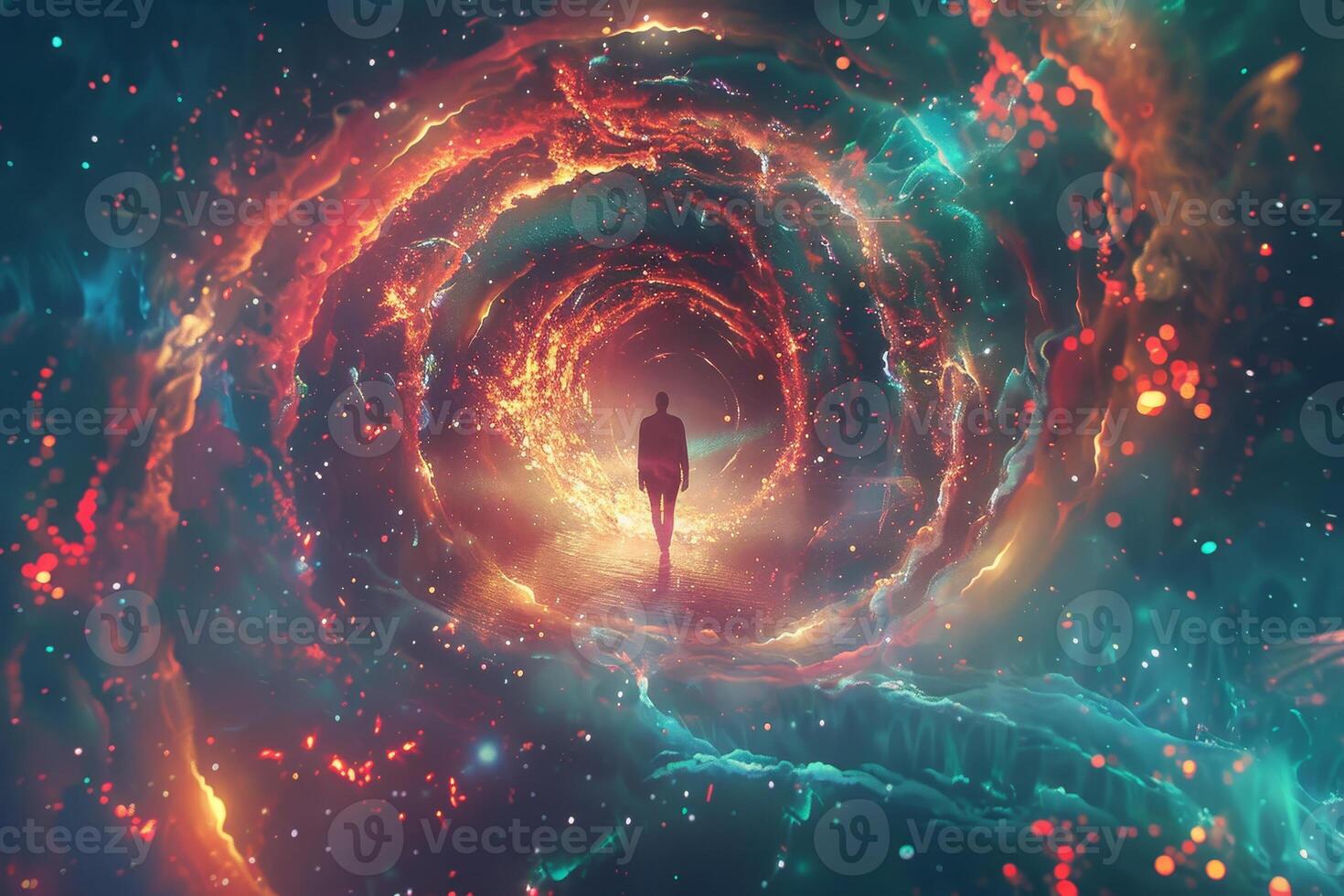 A solitary person appears to be walking through a mesmerizing cosmic tunnel filled with vivid swirling colors and sparkling stars, creating a sense of wonder and exploration photo