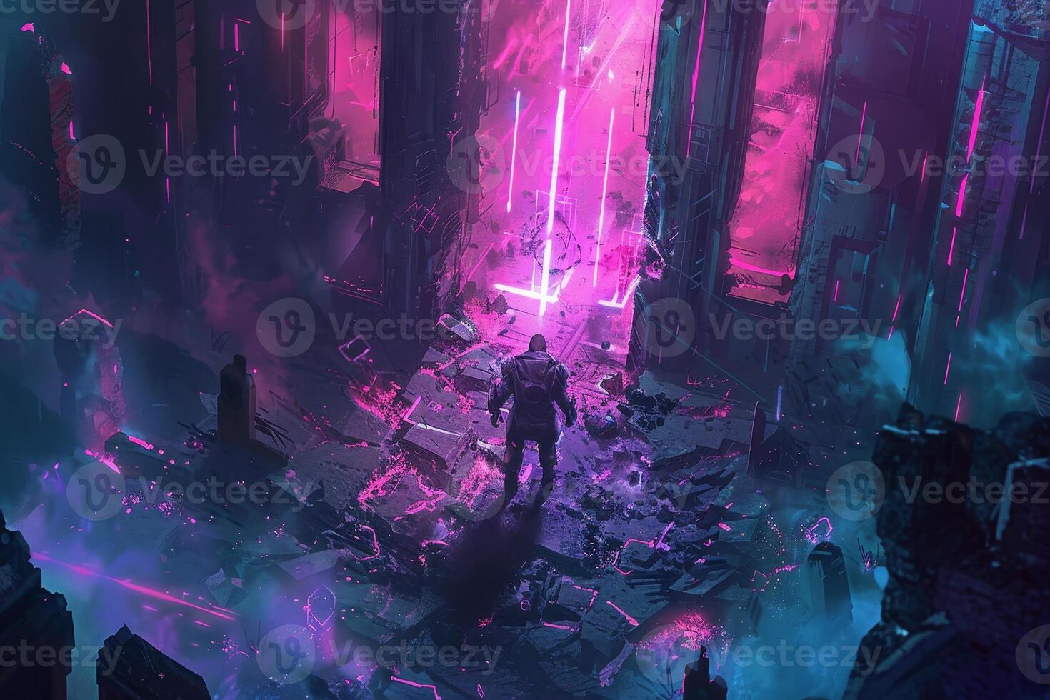 A solitary figure gazes at a glowing portal surrounded by ruins, bathed in vivid neon light. The environment evokes a sense of mystery and adventure in a futuristic realm photo