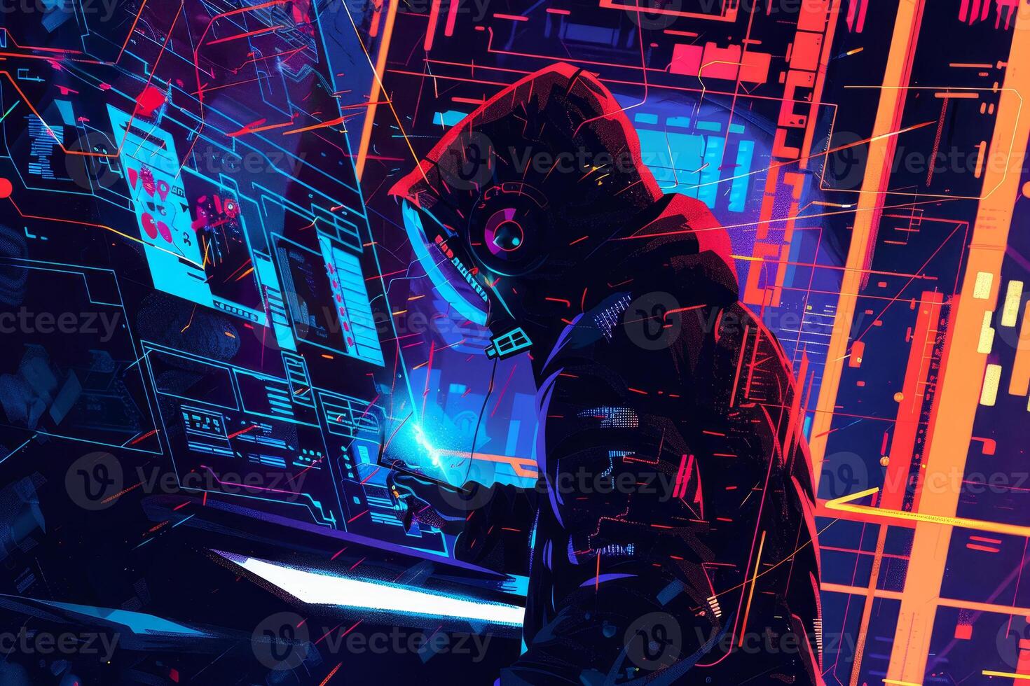 In a dark, immersive space filled with neon colors, a hacker engages with multiple high-tech screens, analyzing data and navigating complex information in a digital realm photo