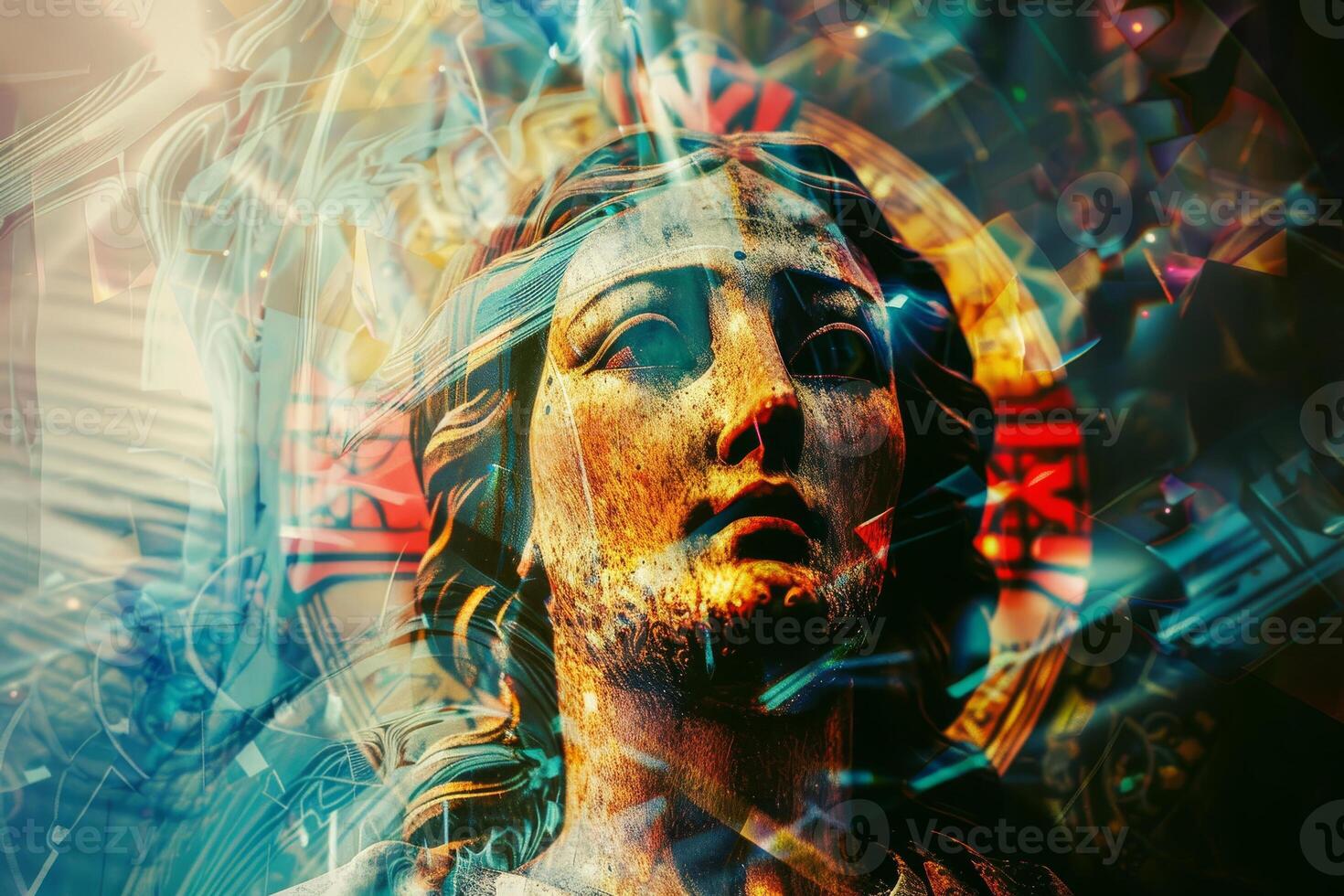 The artwork showcases a striking wooden statue of a religious figure, illuminated by colorful light effects, surrounded by intricate patterns and designs that enhance its spiritual aura photo